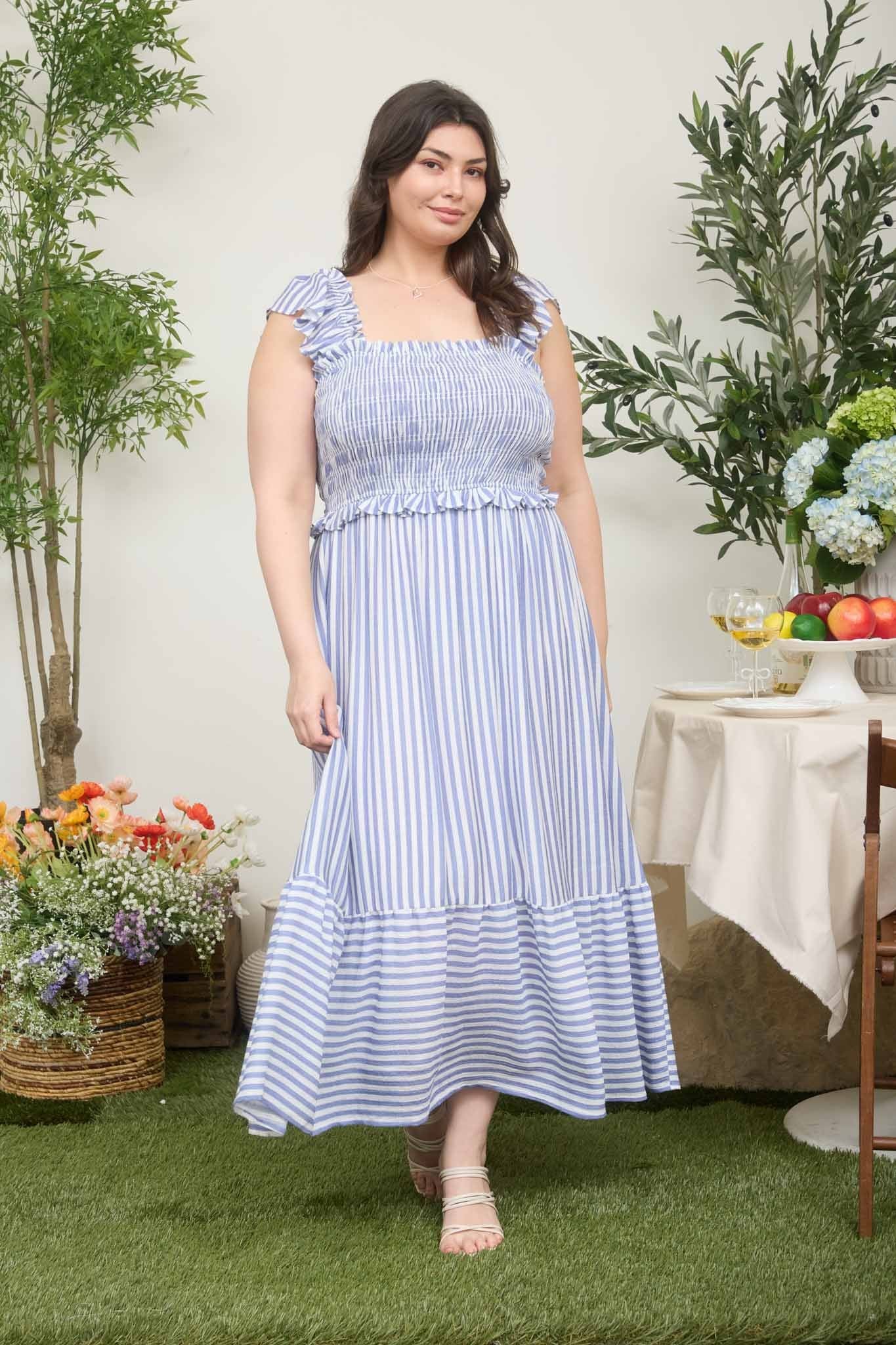 Blue Striped Smocked Maternity Plus Midi Dress - Image 5