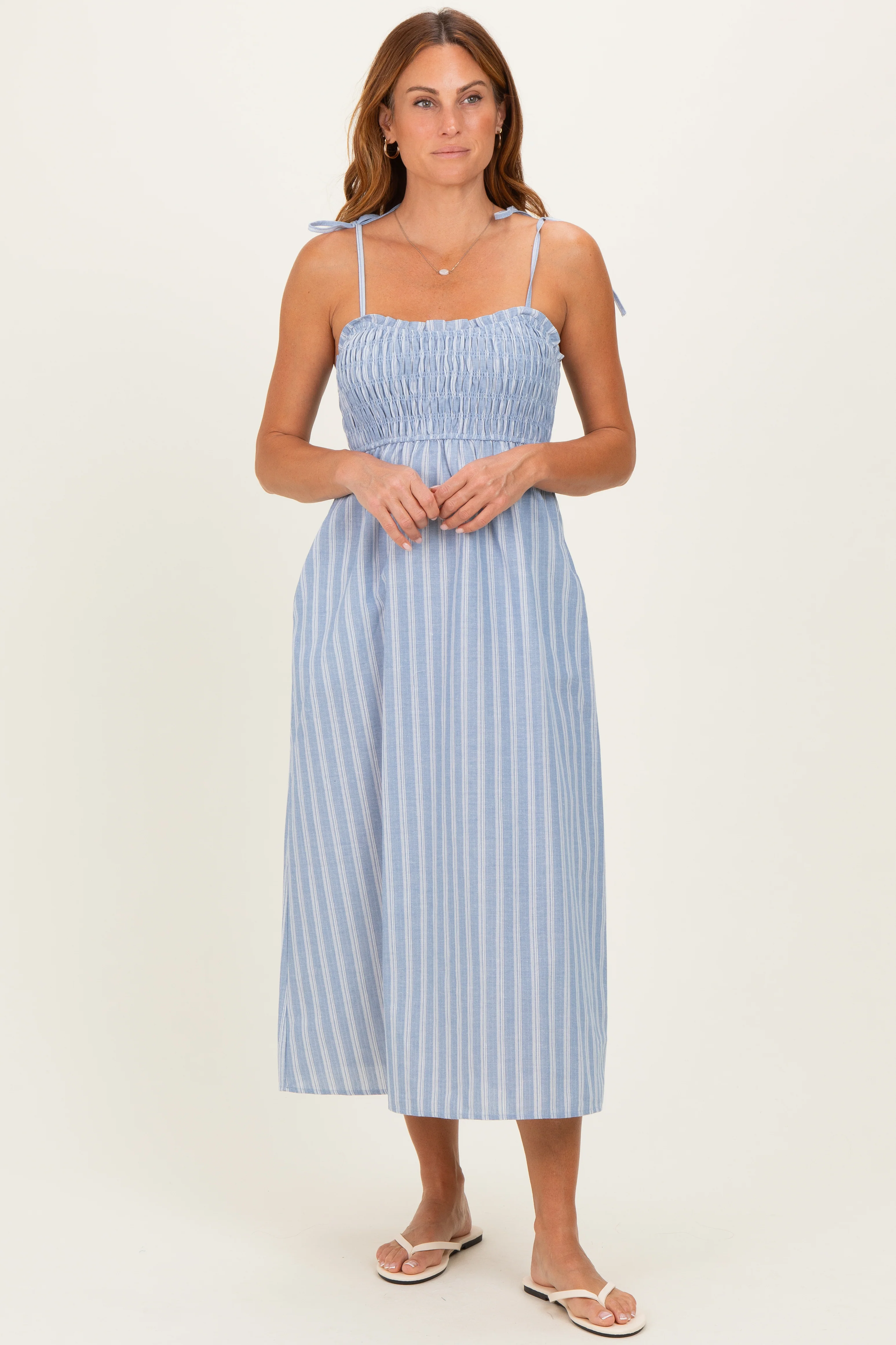 Blue Striped Smocked Shoulder Tie Midi Dress - Image 2