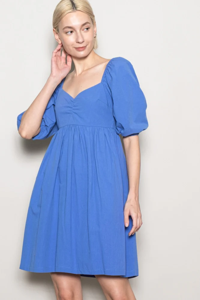 Blue Sweetheart Neckline Puff Sleeve Dress - Image 5
