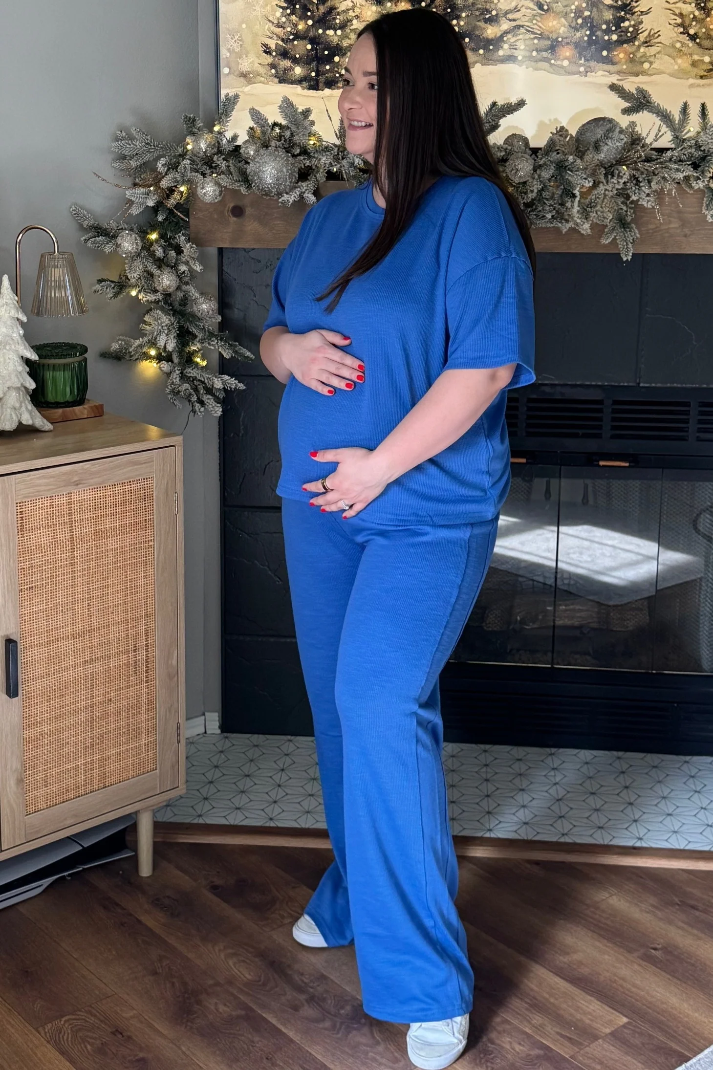 Blue Textured Knit Oversized Tee And Pants Maternity Set - Image 5