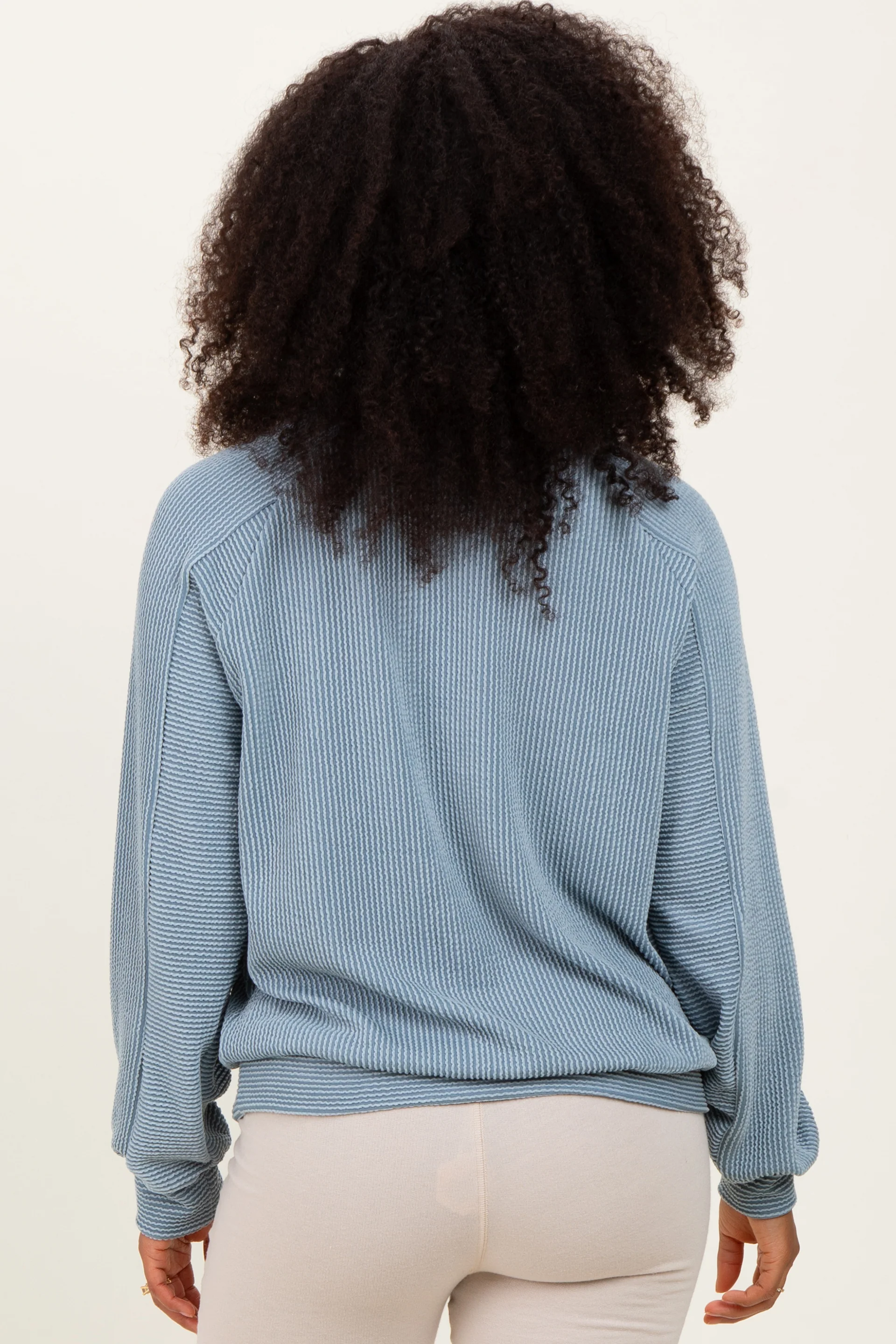 Blue Textured Rib Knit Pullover - Image 4