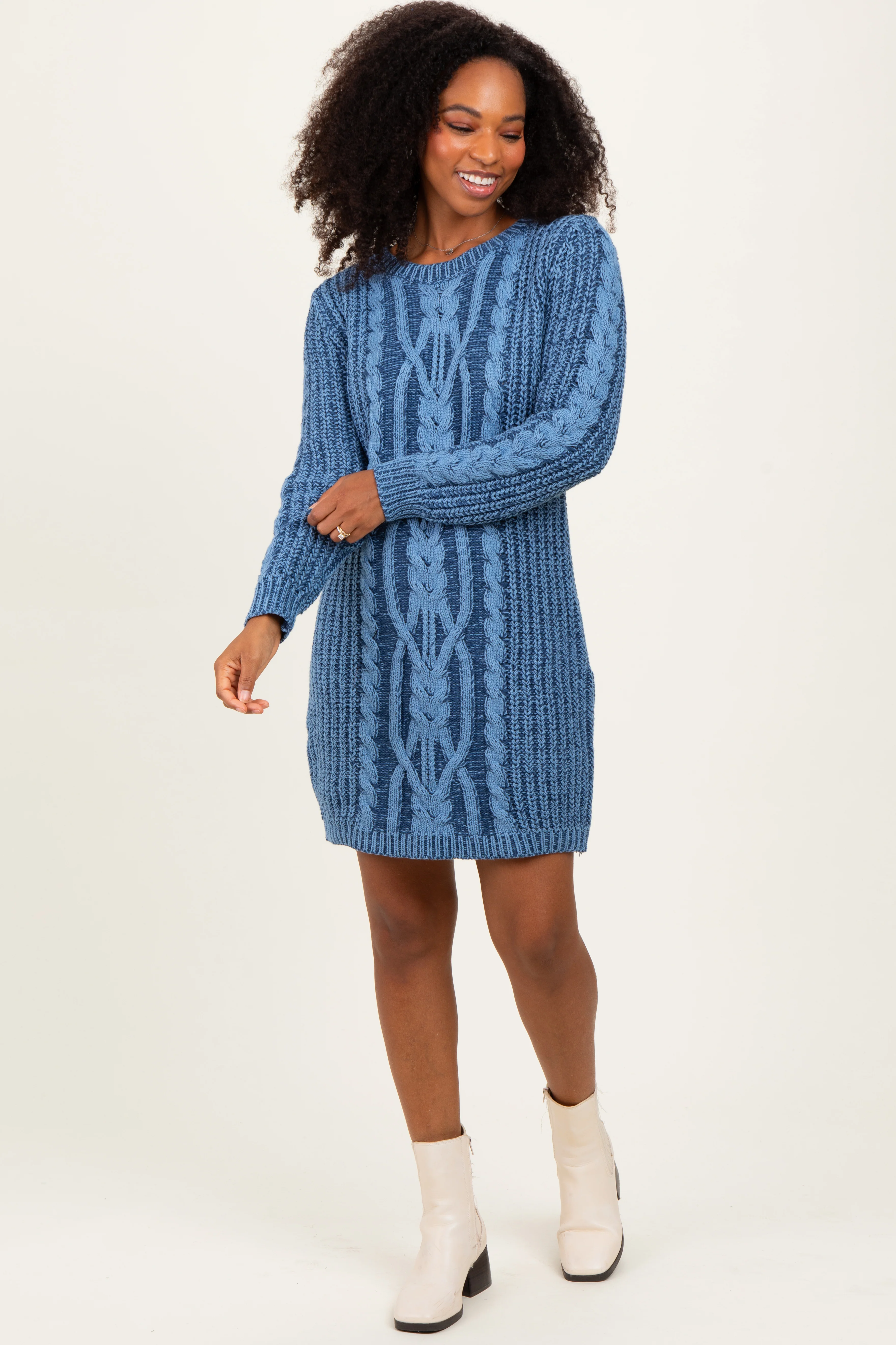 Blue Two Tone Cable Knit Maternity Mini Sweater Dress - Image 5