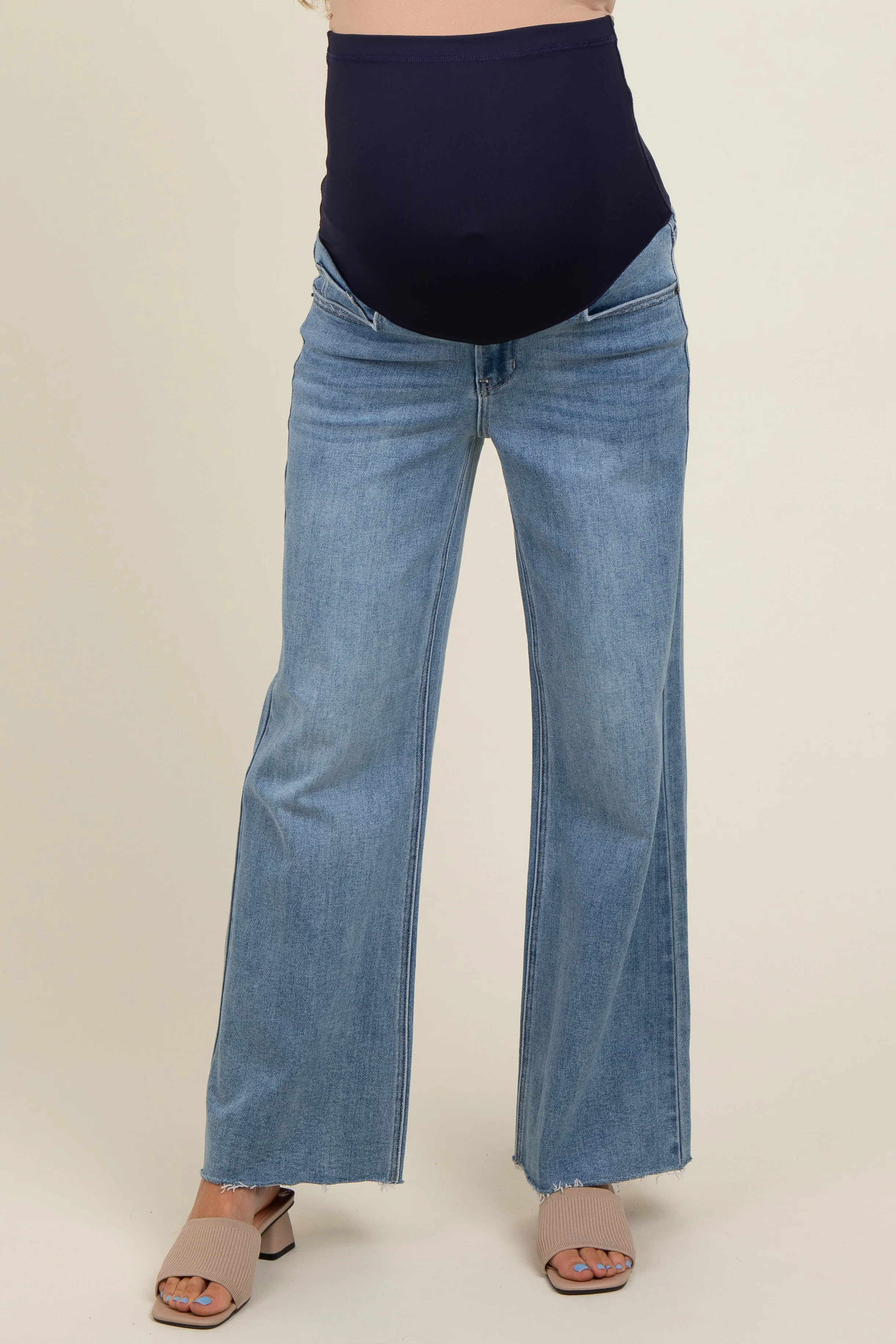 Blue Unfinished Hem Wide Leg Maternity Jeans - Image 2