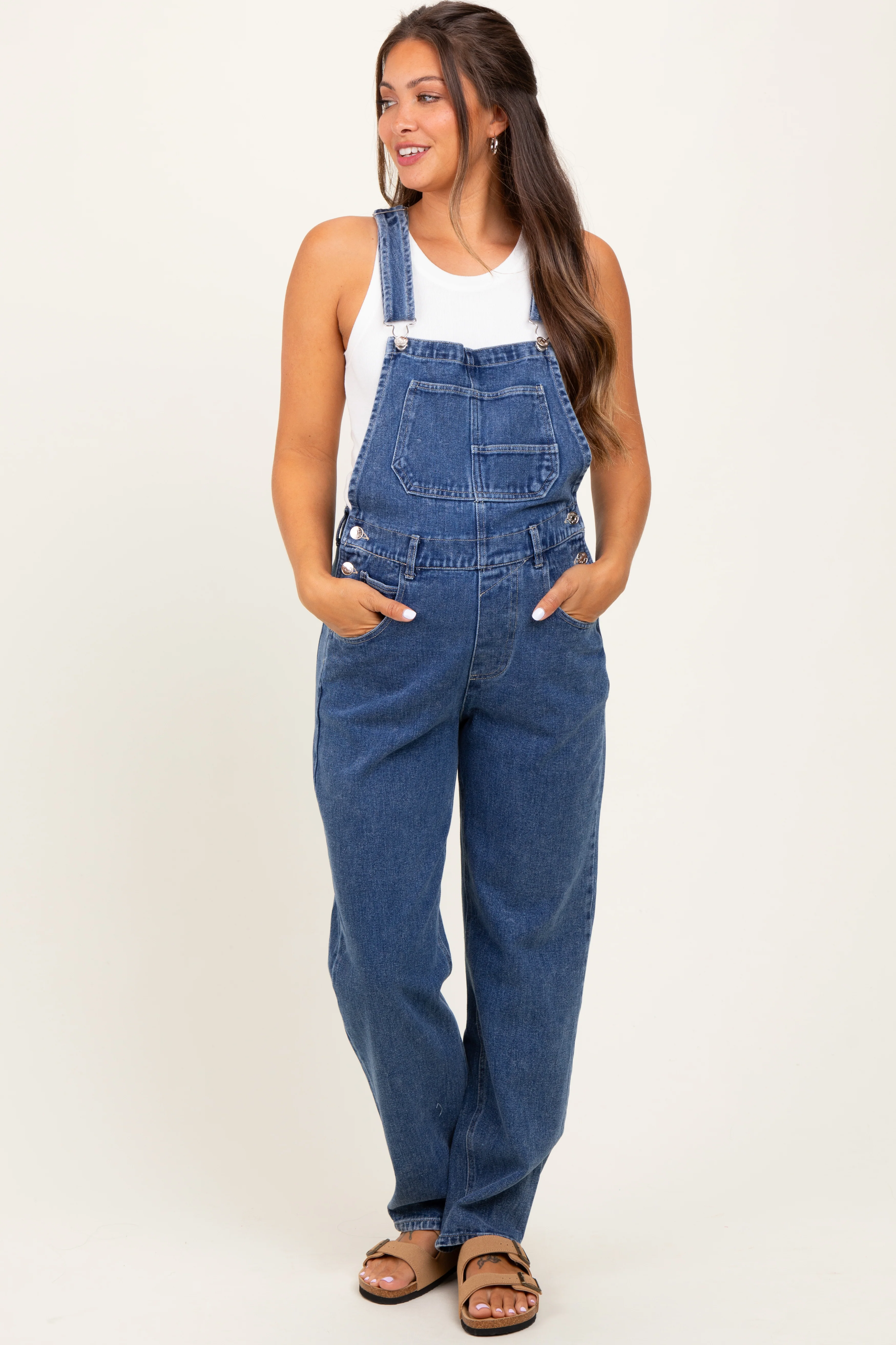 Blue Wash Rolled Cuff Maternity Denim Overalls - Image 4