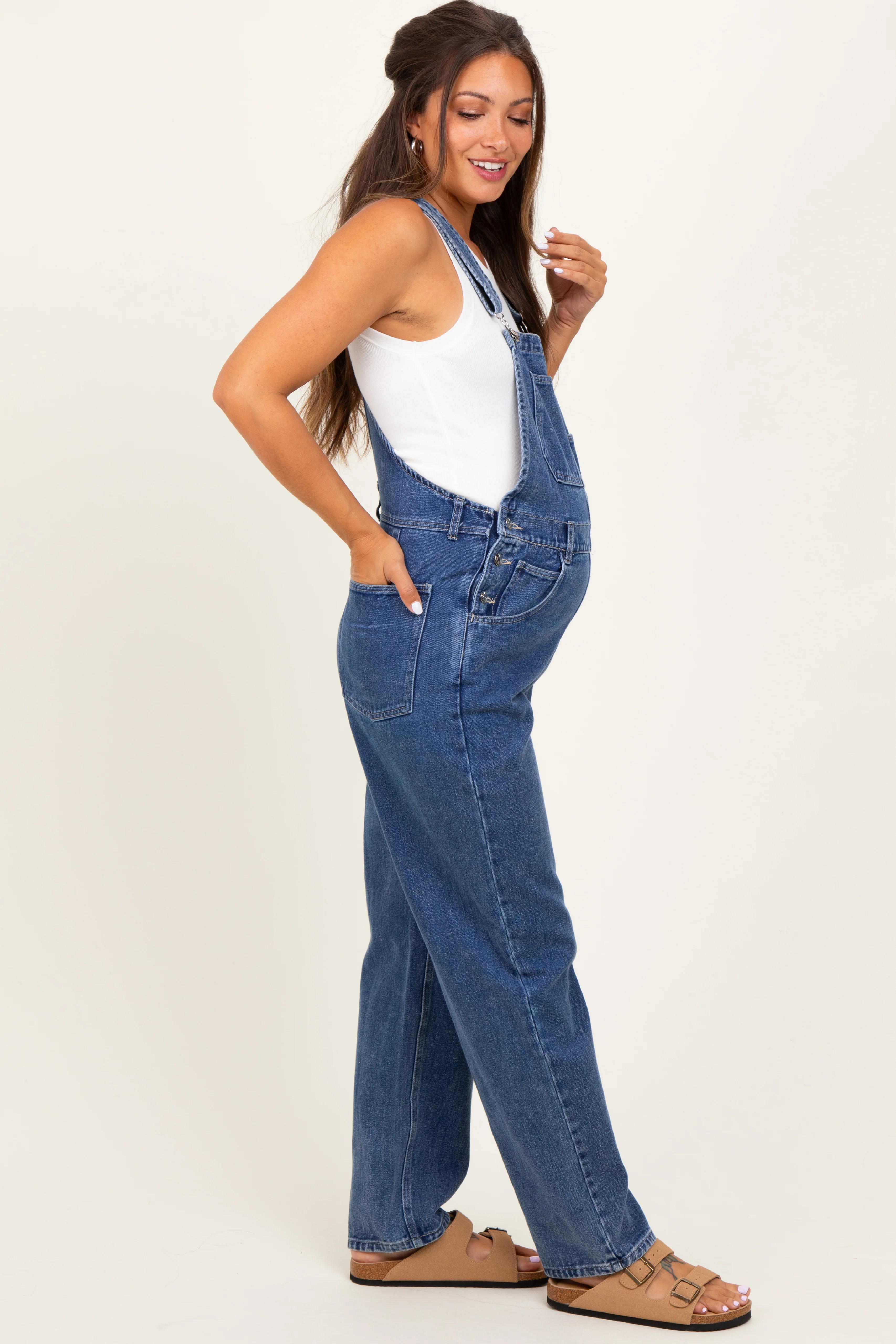 Blue Wash Rolled Cuff Maternity Denim Overalls - Image 5