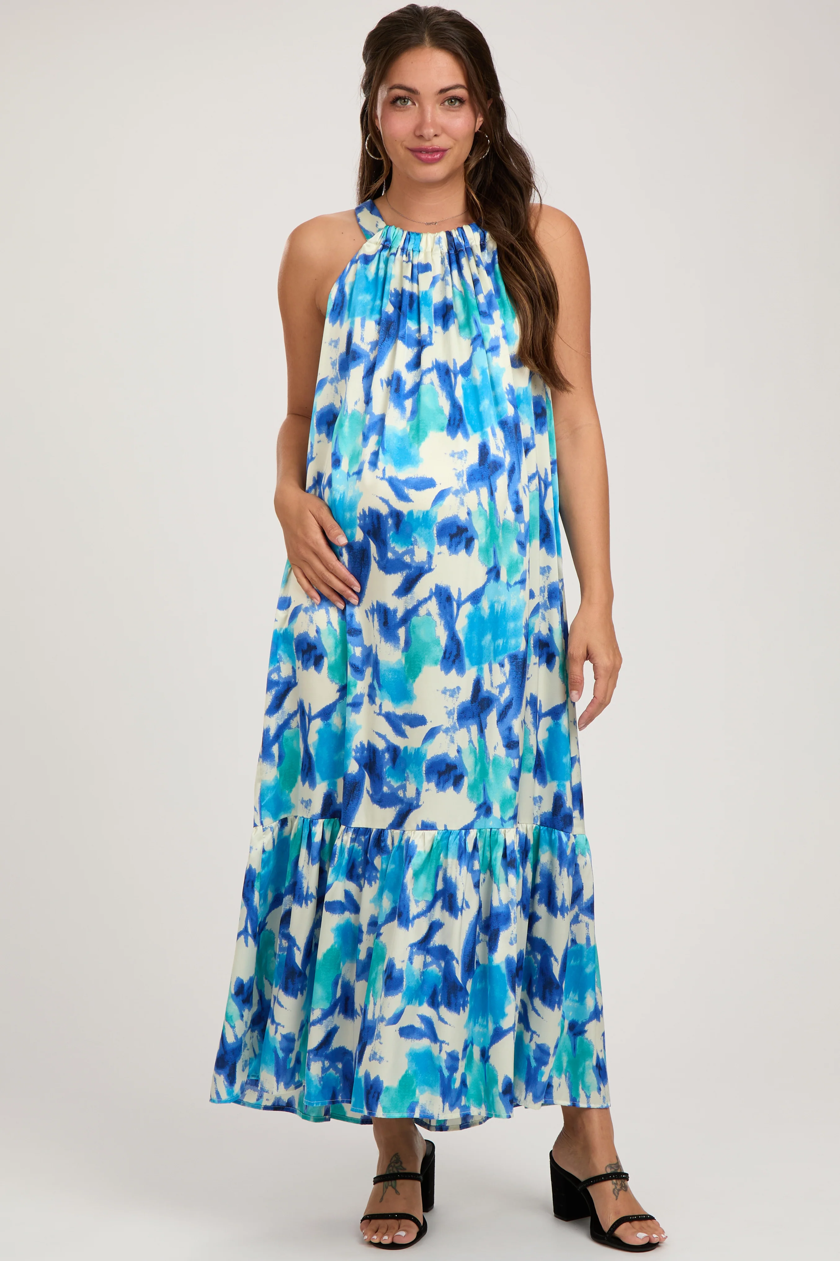 Blue Watercolor Print Satin Maternity Midi Dress - Image 3