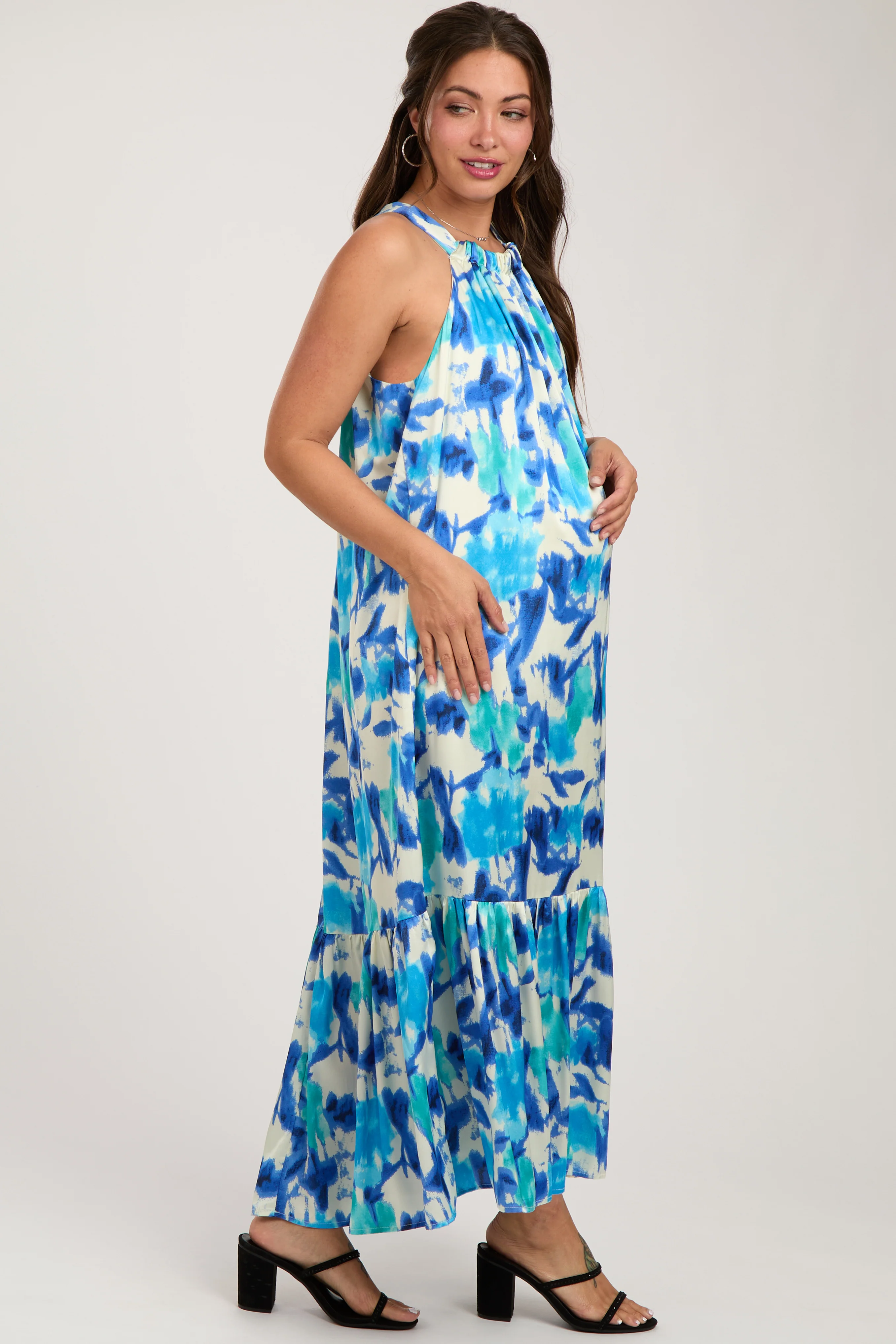 Blue Watercolor Print Satin Maternity Midi Dress - Image 4