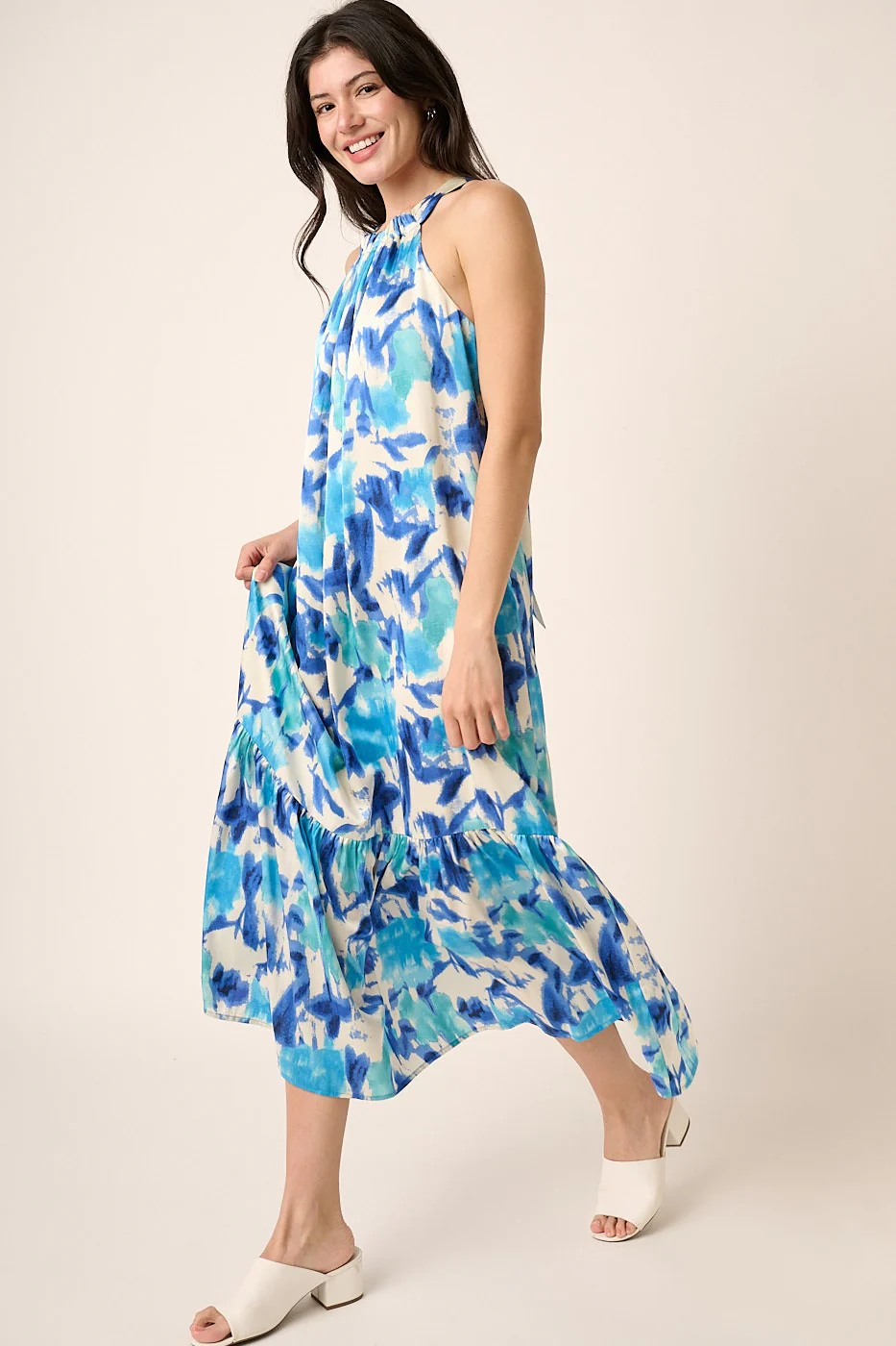 Blue Watercolor Print Satin Maternity Midi Dress - Image 6