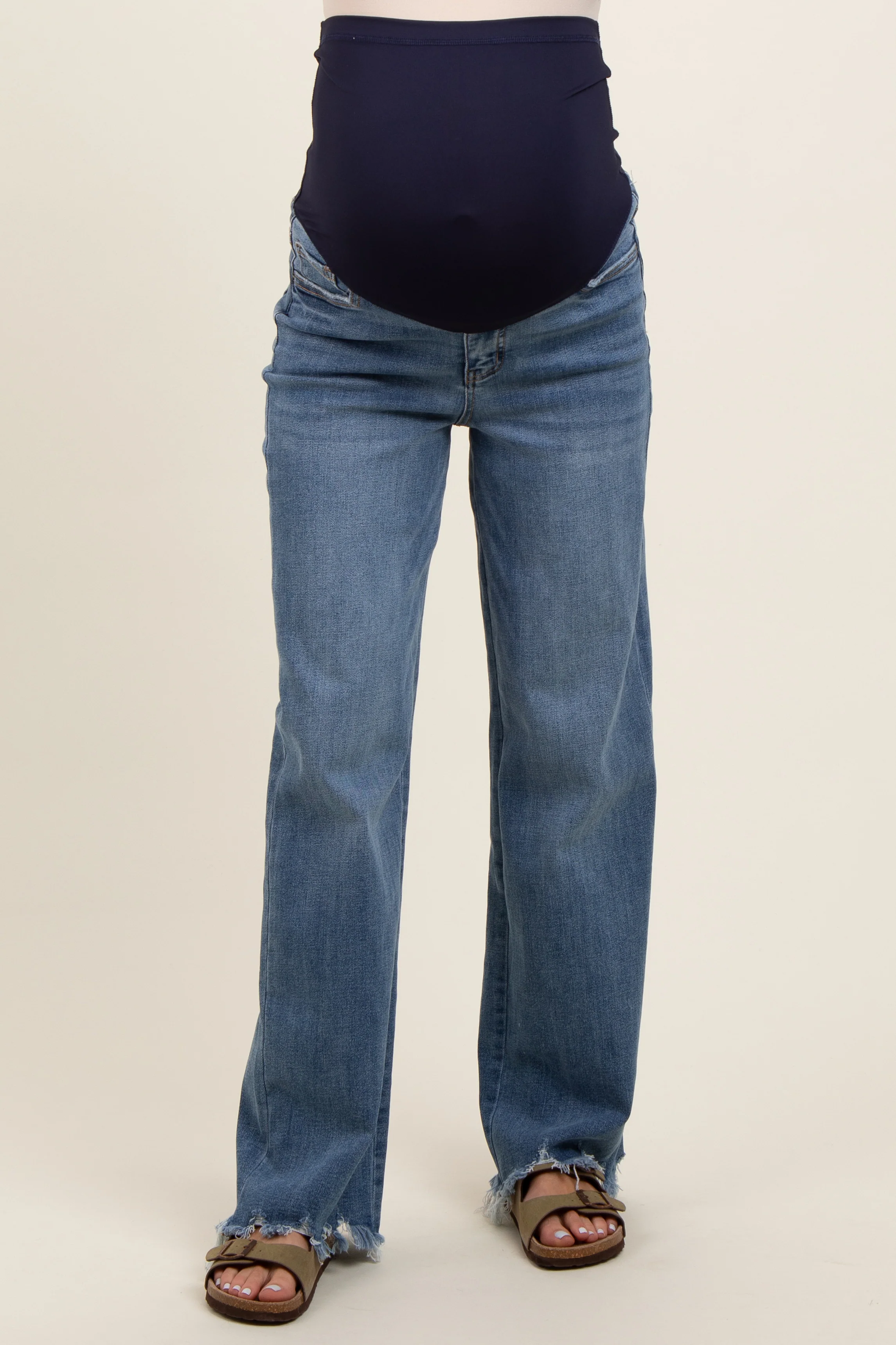 Blue Wide Leg Distressed Hem Maternity Jeans - Image 2
