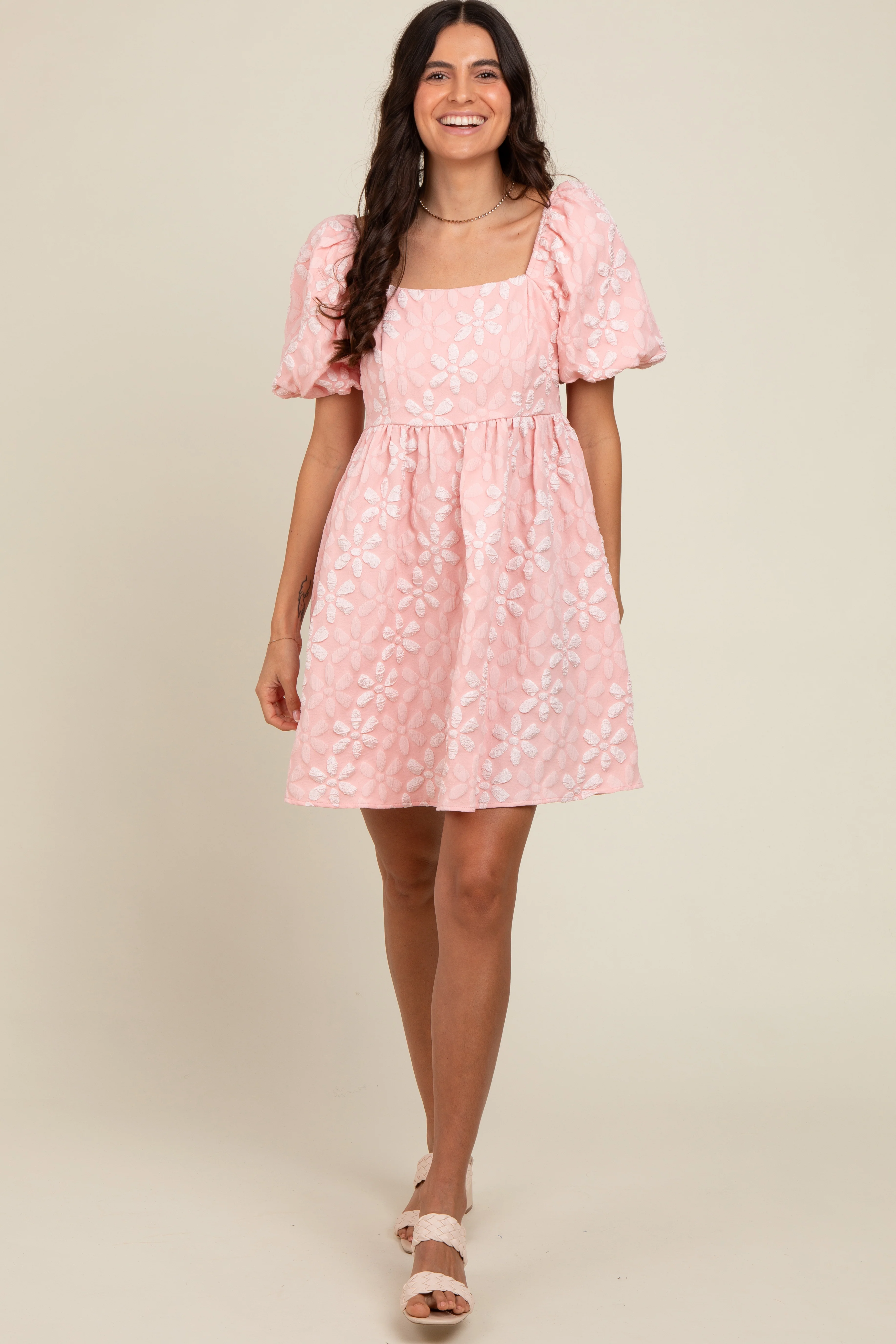 Blush Floral Embossed Puff Sleeve Dress - Image 2