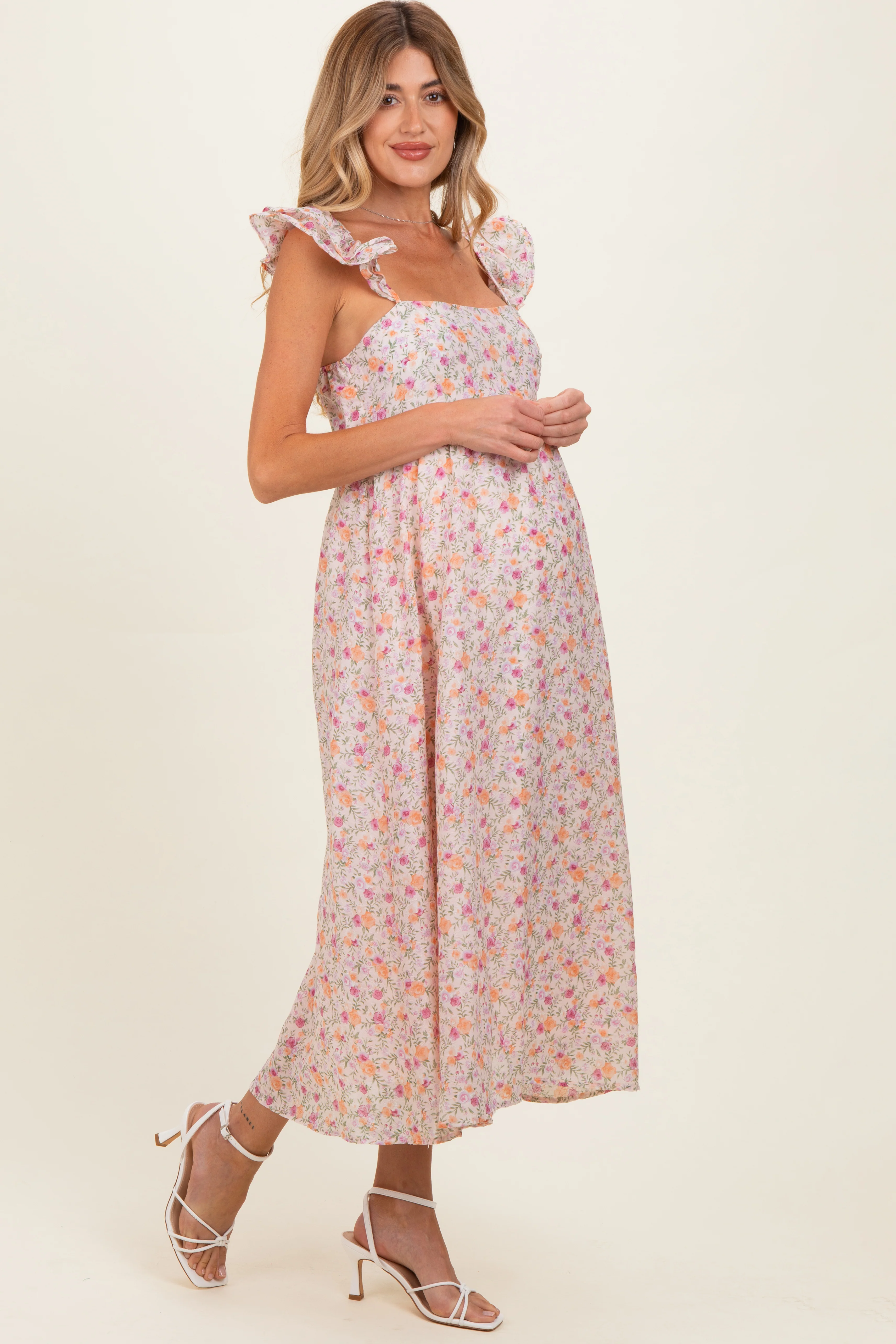Blush Floral Ruffle Strap Maternity Midi Dress - Image 3