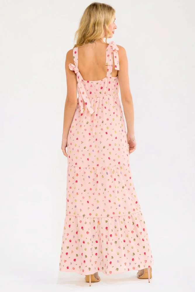 Blush Floral Tiered Shoulder Tie Maxi Dress - Image 3