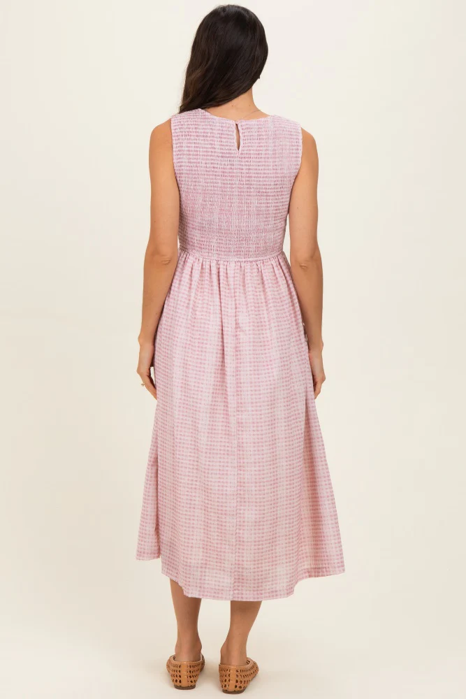Blush Gingham Sleeveless Smocked Midi Dress - Image 3