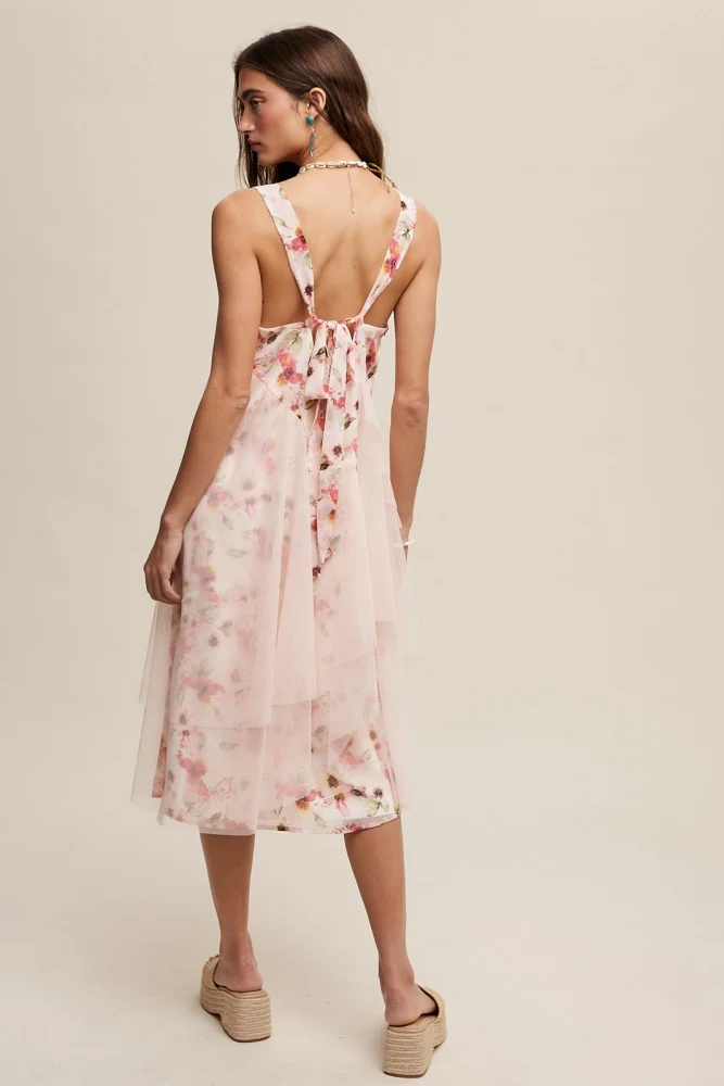 Blush Romantic Floral Print Midi Dress With Drapey Mesh - Image 4