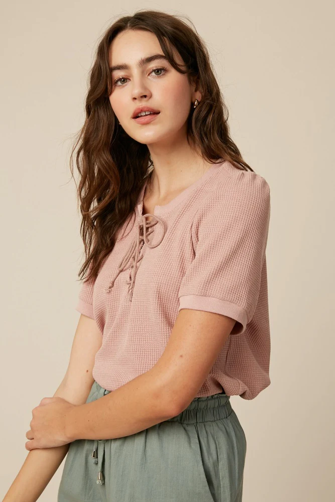 Blush Waffle Knit Lace-Up Top - Image 5