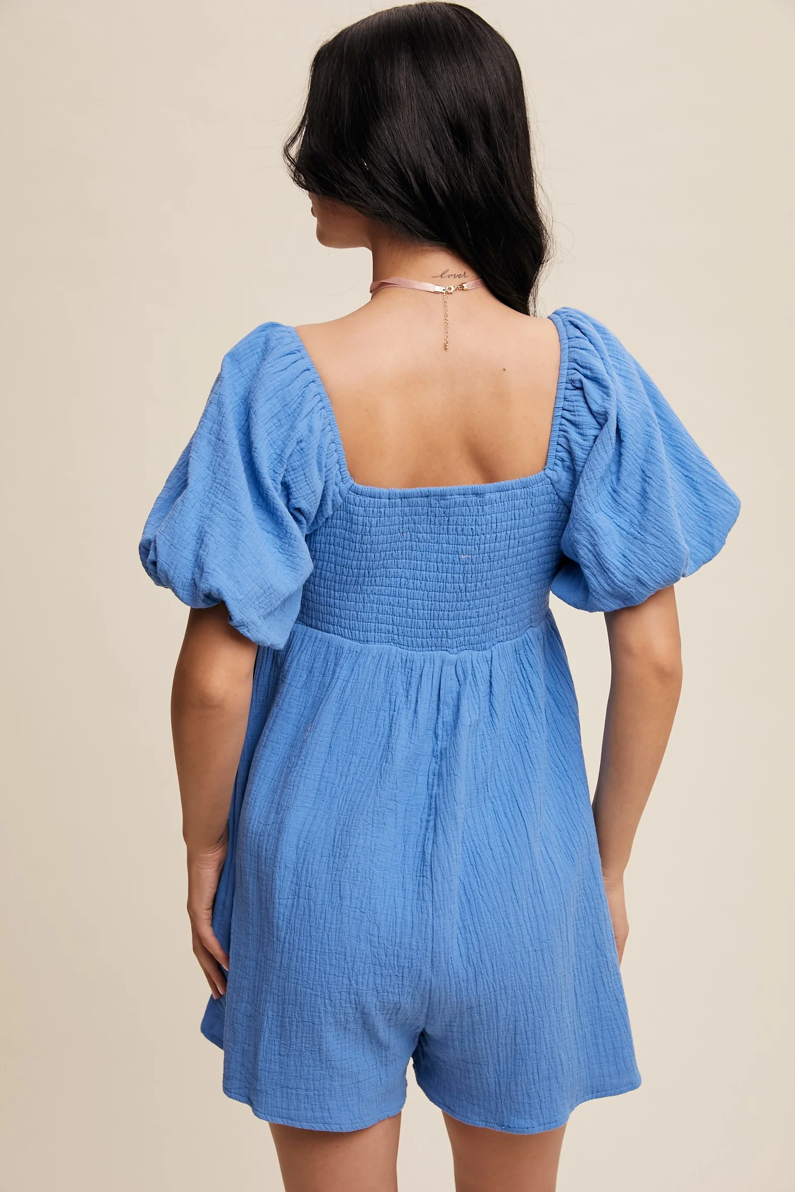 Bright Blue Square Neck Puff Sleeve Babydoll Romper - Image 5