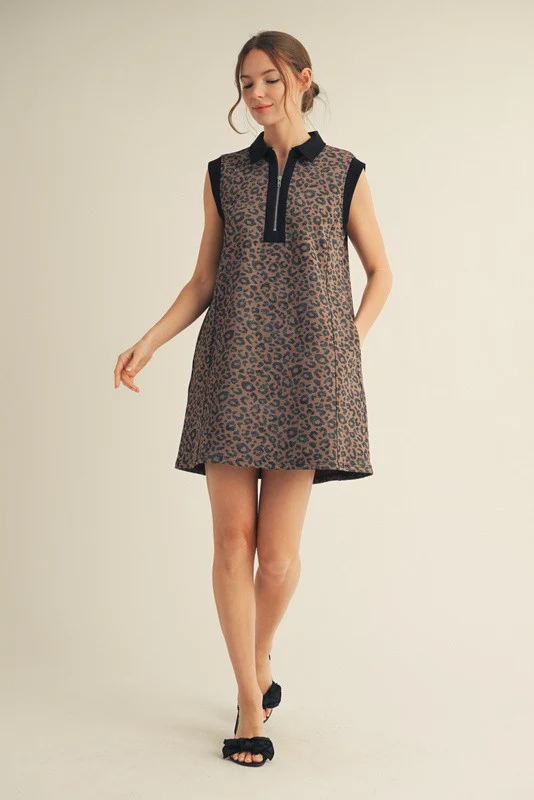 Brown Animal Print Front Zip Sleeveless Dress - Image 5