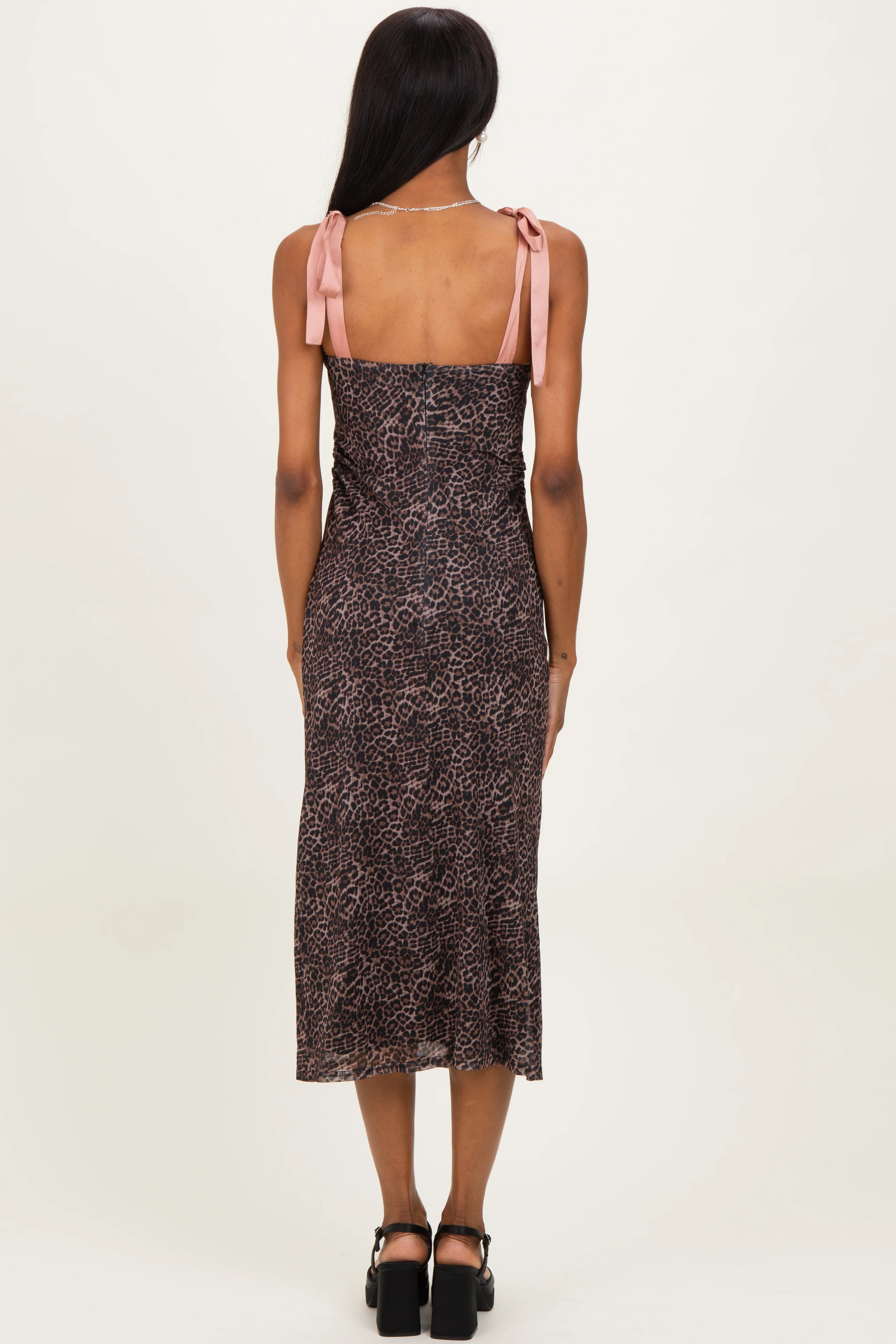 Brown Animal Print Mesh Shoulder Tie Dress - Image 3