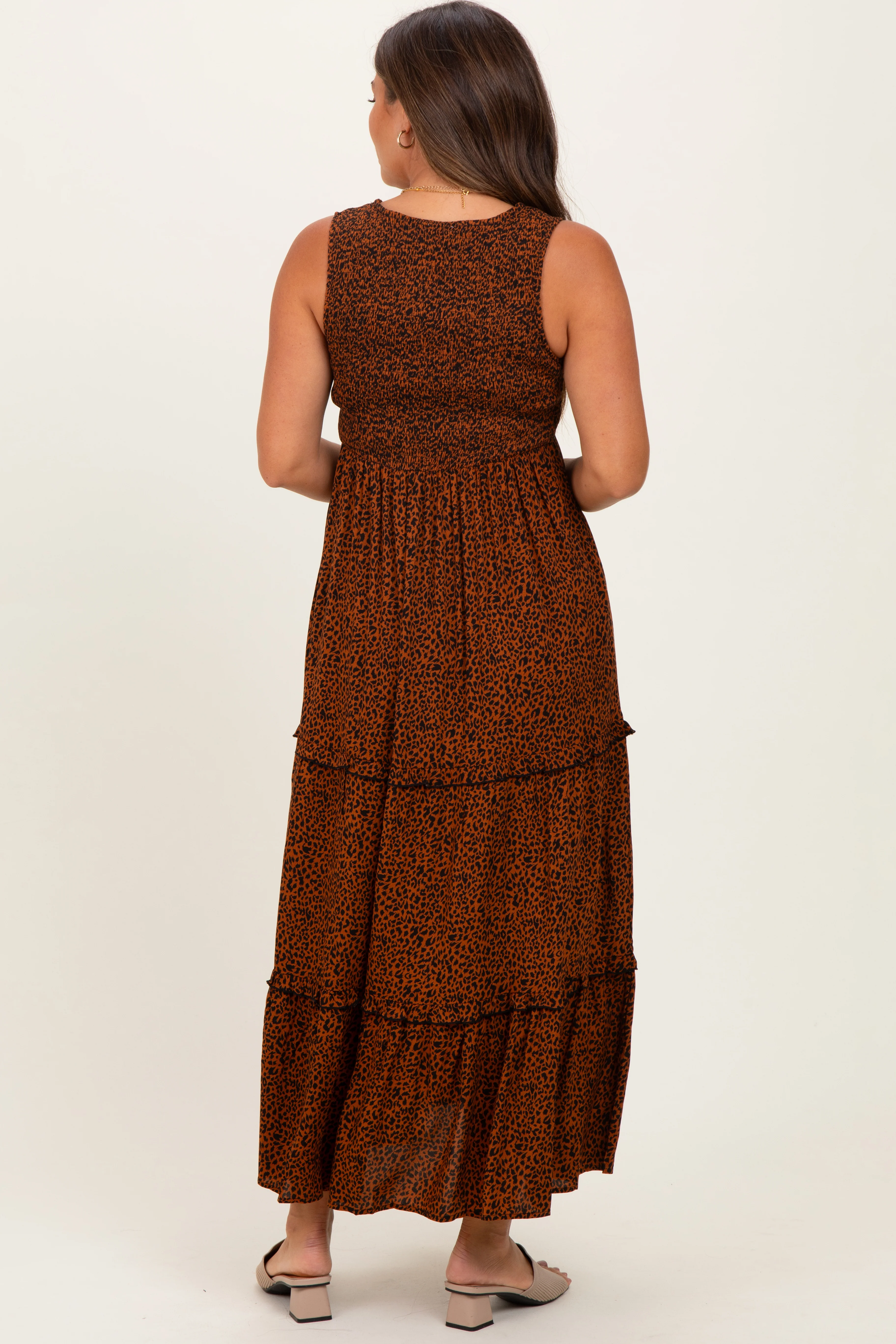 Brown Animal Print Sleeveless Smocked Tiered Maternity Maxi Dress - Image 4