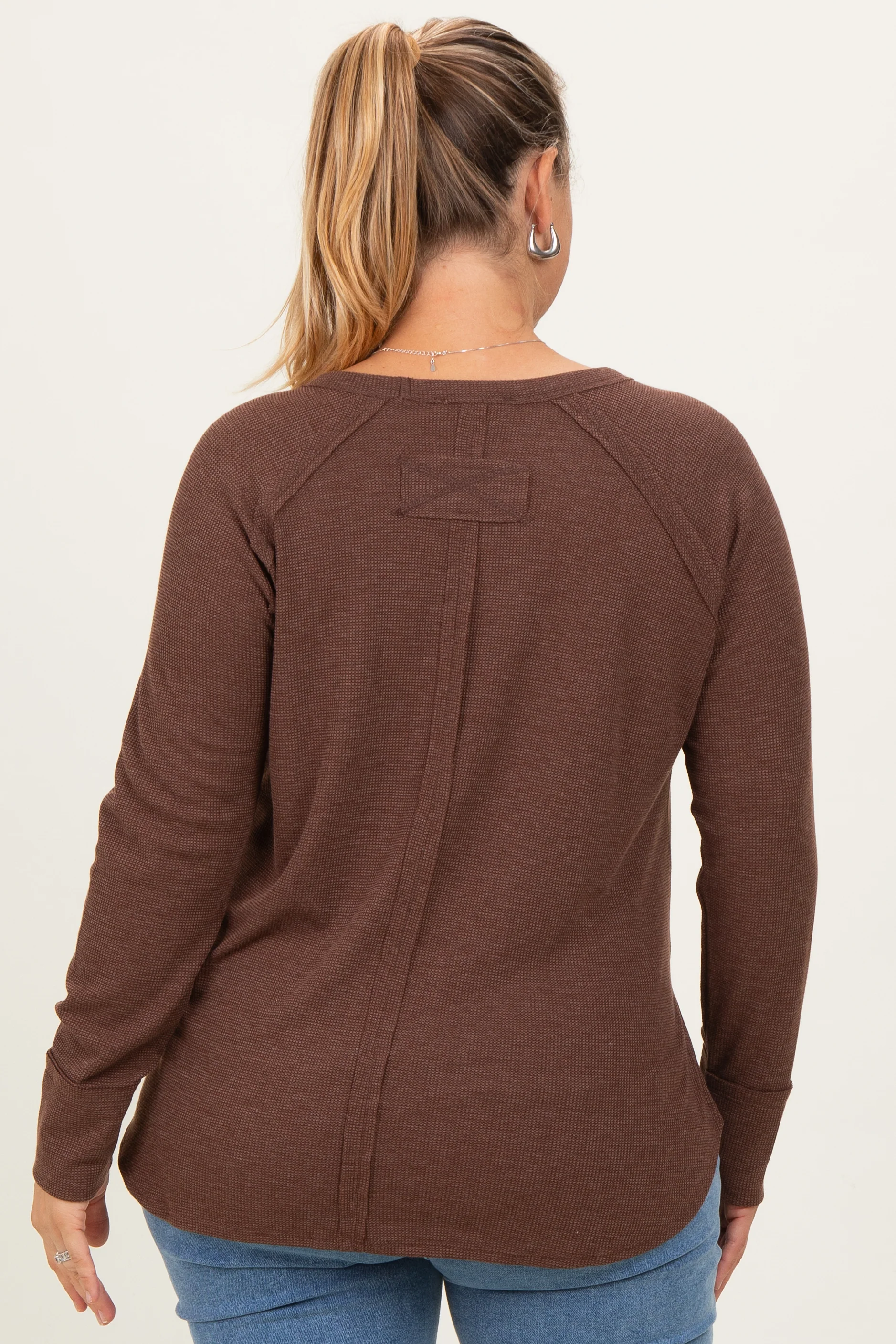Brown Baby Waffle Knit Long Sleeve Maternity Plus Top - Image 3