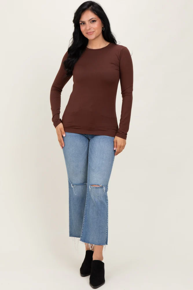 Brown Basic Long Sleeve Top - Image 2