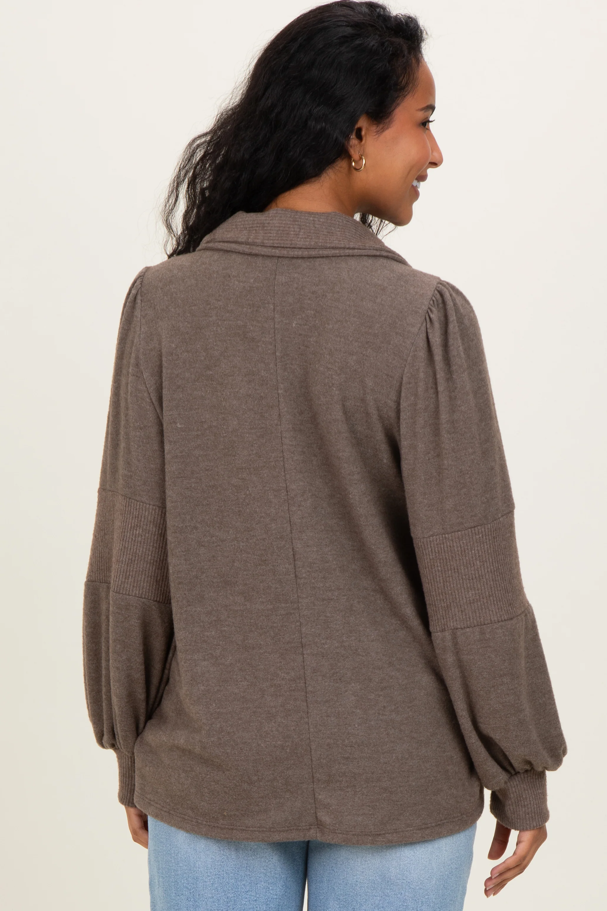 Brown Brushed Colorblock Long Sleeve Collared V-Neck Maternity Top - Image 3