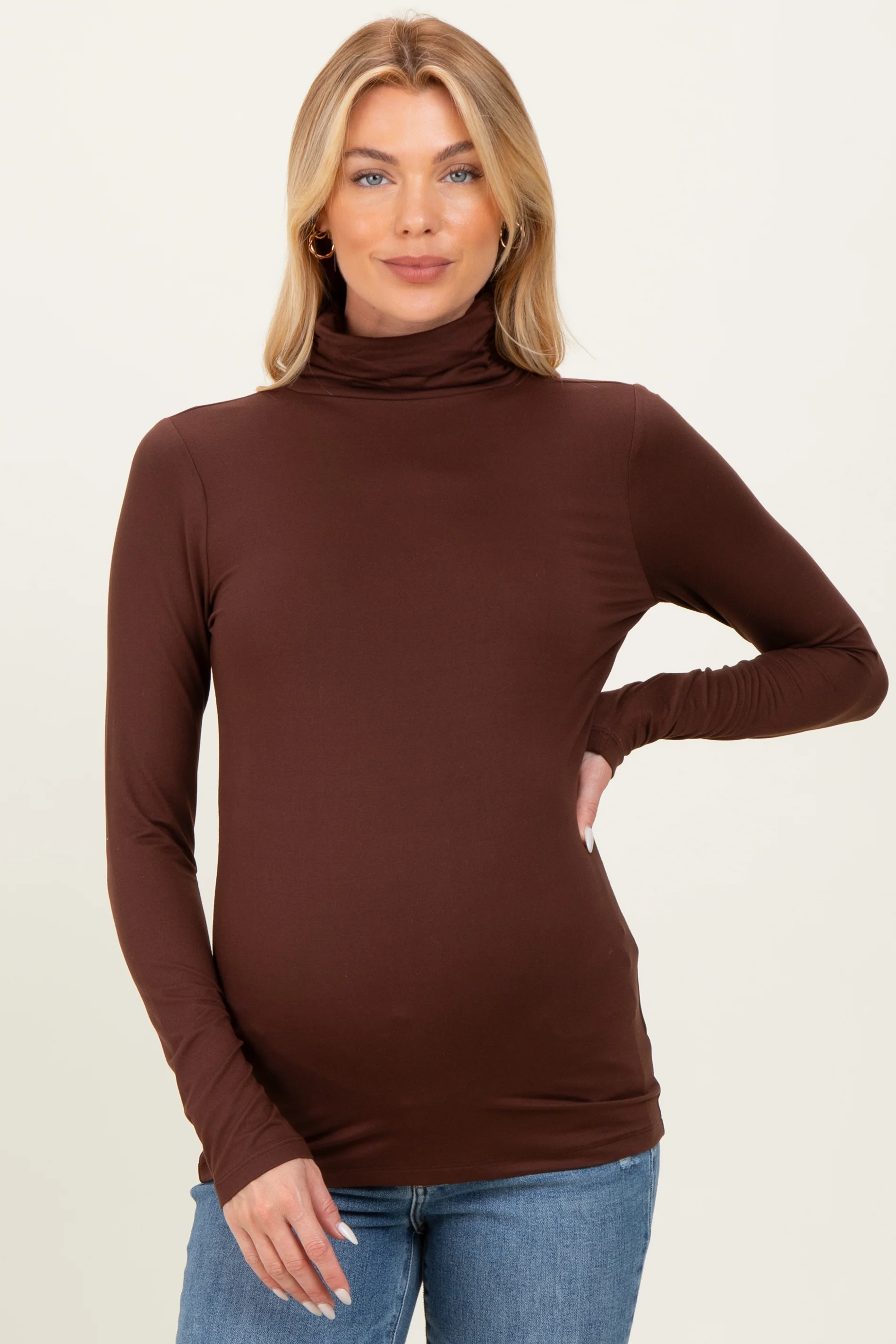 Brown Brushed Knit Basic Turtleneck Maternity Top - Image 6