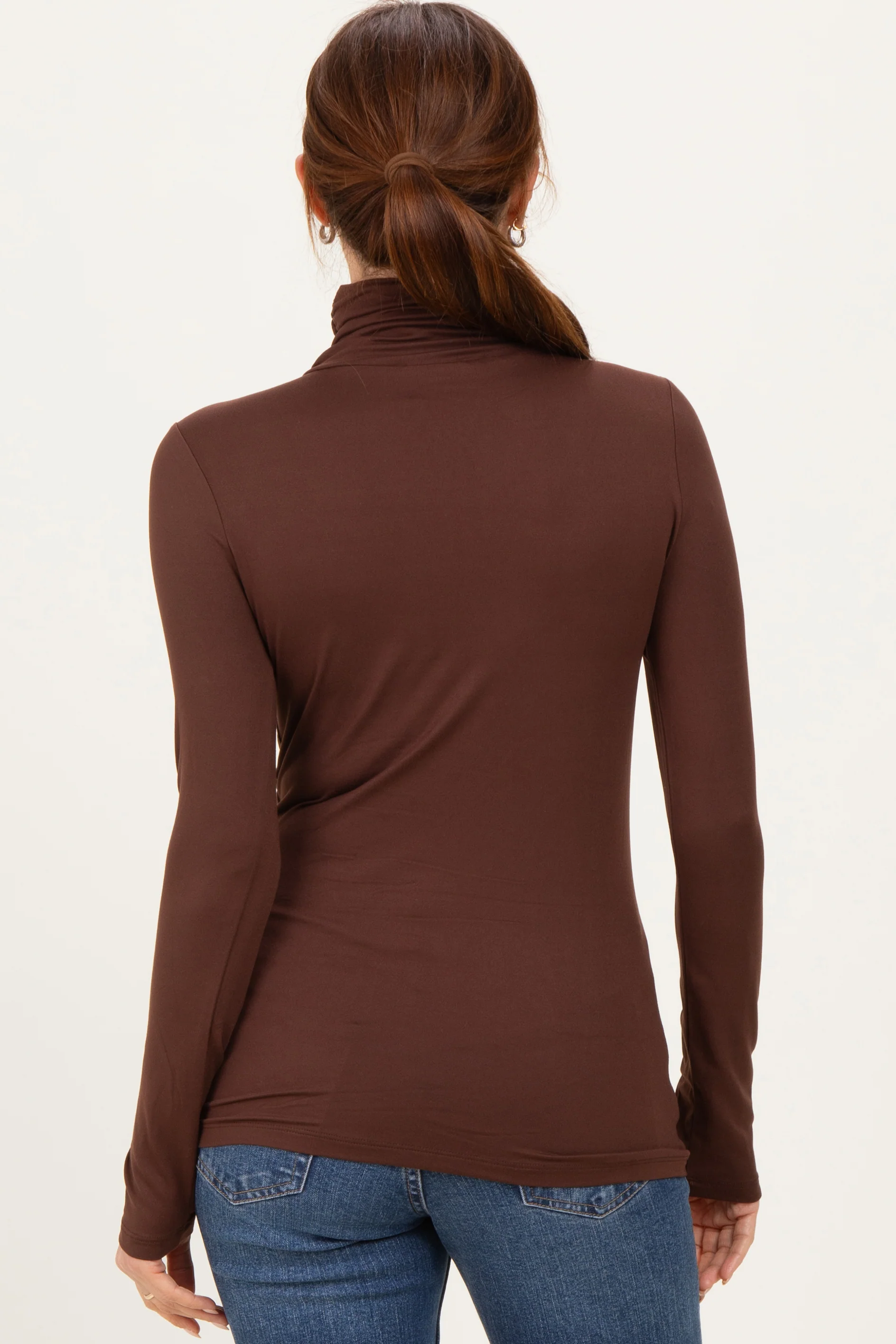 Brown Brushed Knit Basic Turtleneck Top - Image 4