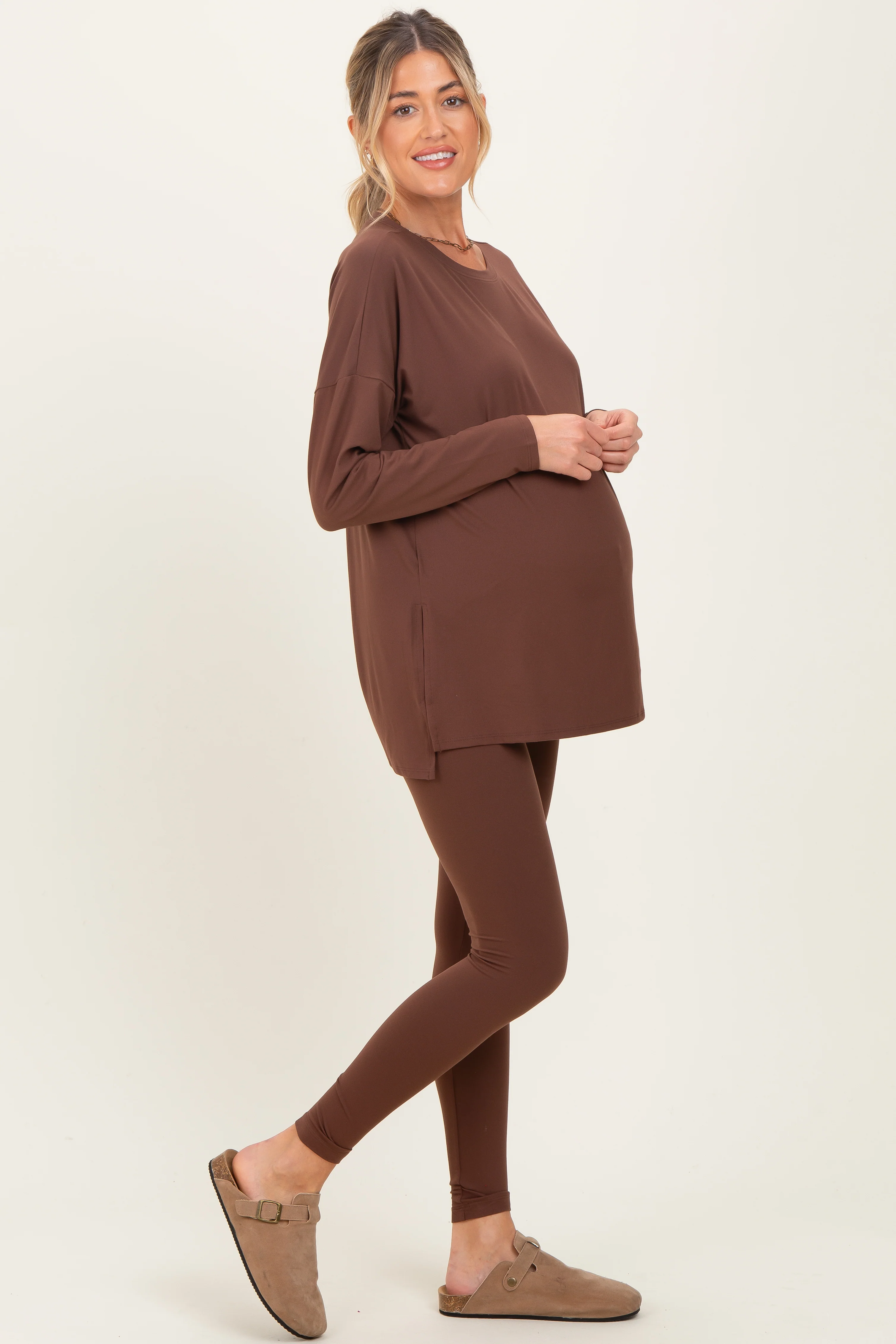 Brown Brushed Knit Maternity Oversized Top and Legging Set - Image 3