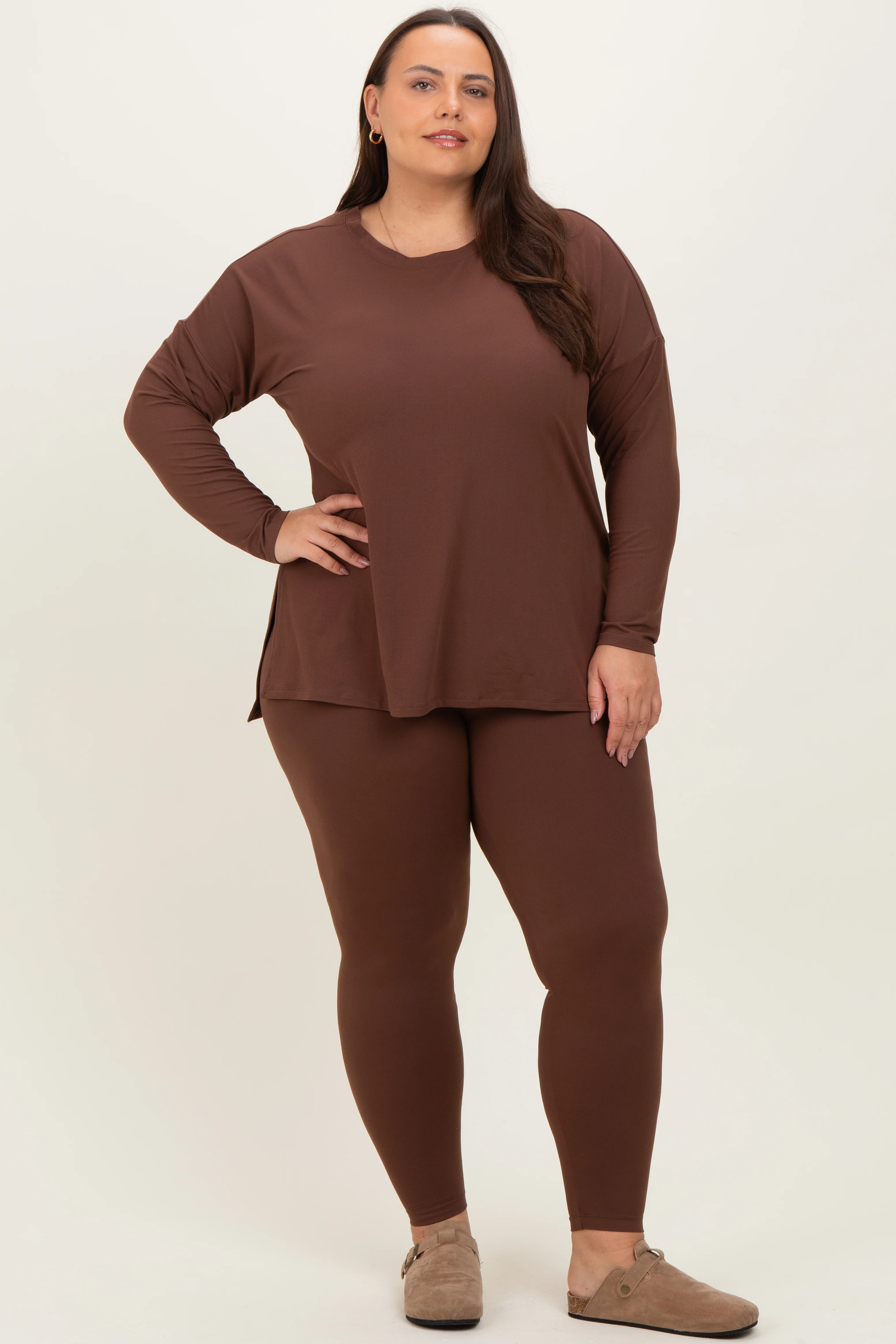 Brown Brushed Knit Oversized Top and Legging Maternity Plus Set - Image 5