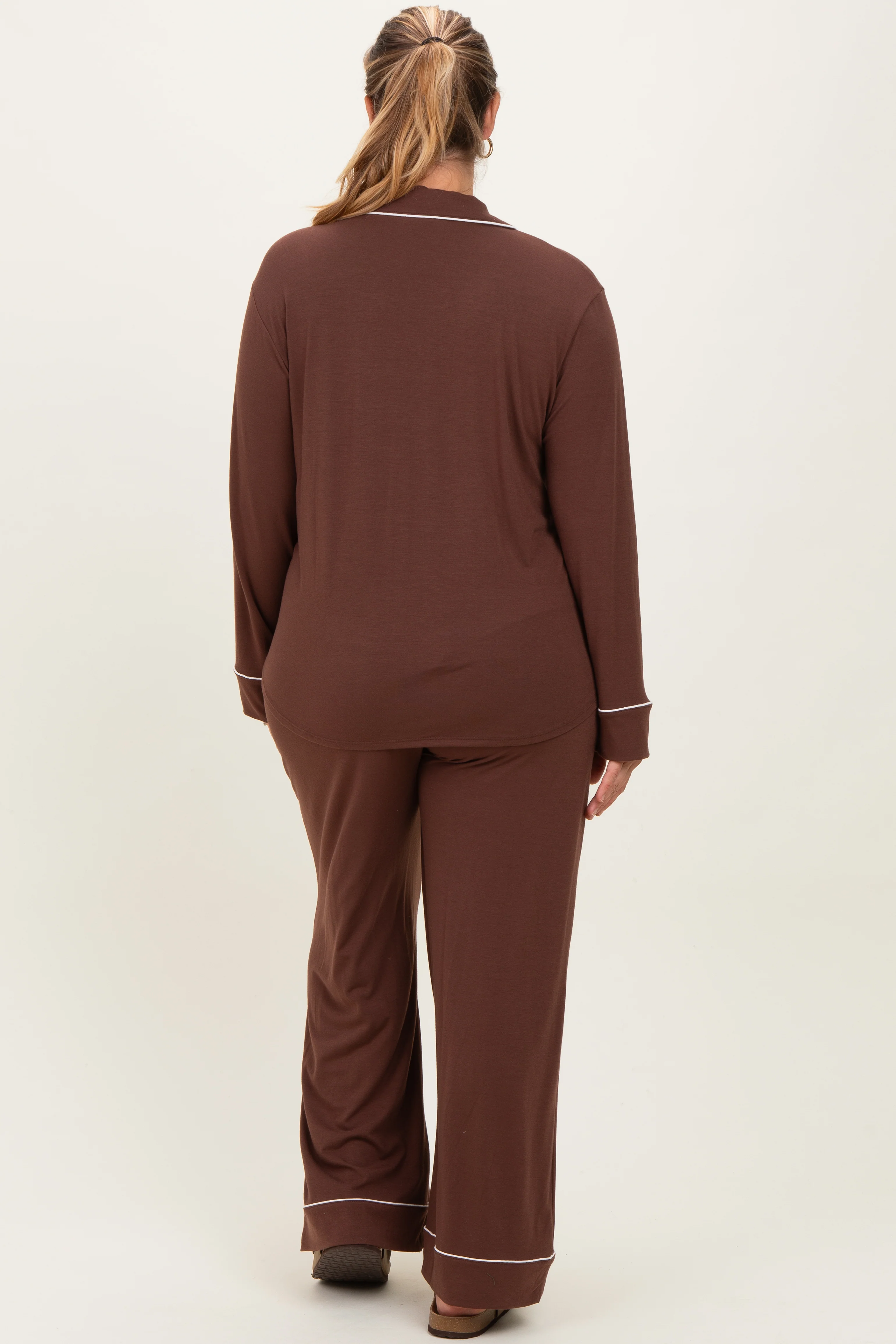 Brown Button Down Top Wide Leg Pant Maternity Plus Pajama Set - Image 3