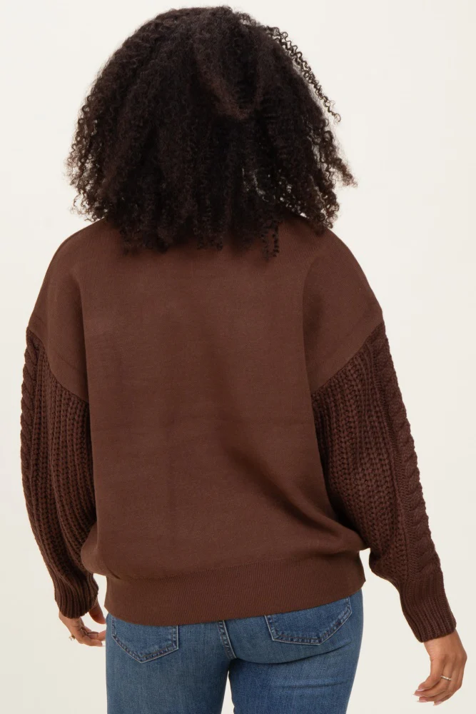Brown Cable Knit Sleeve Round Neck Maternity Sweater - Image 4