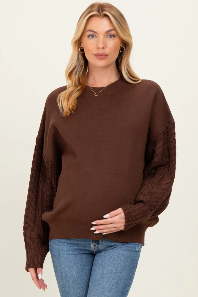 Brown Cable Knit Sleeve Round Neck Sweater - Image 6