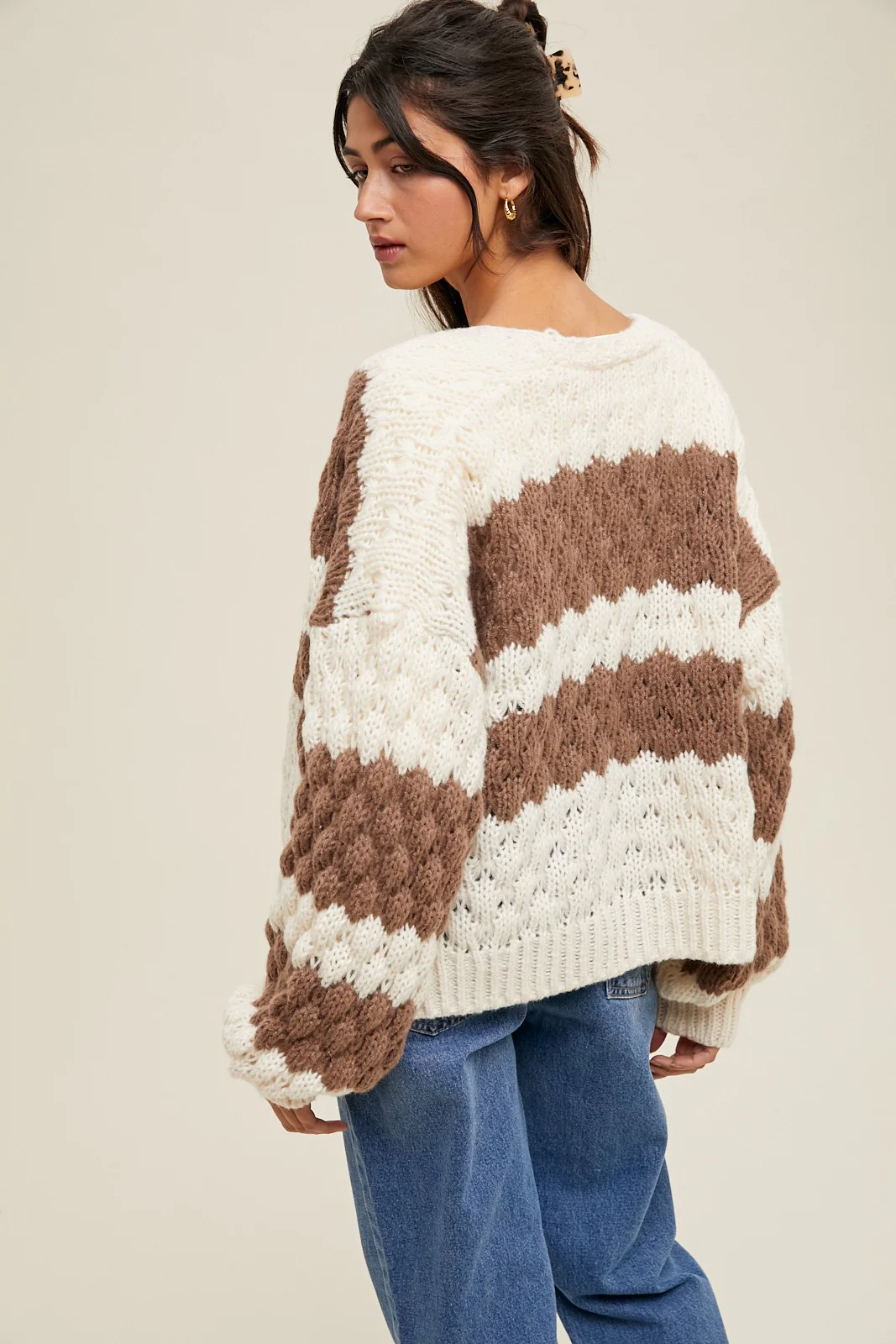Brown Colorblock Chunky Knit Open Cardigan - Image 3
