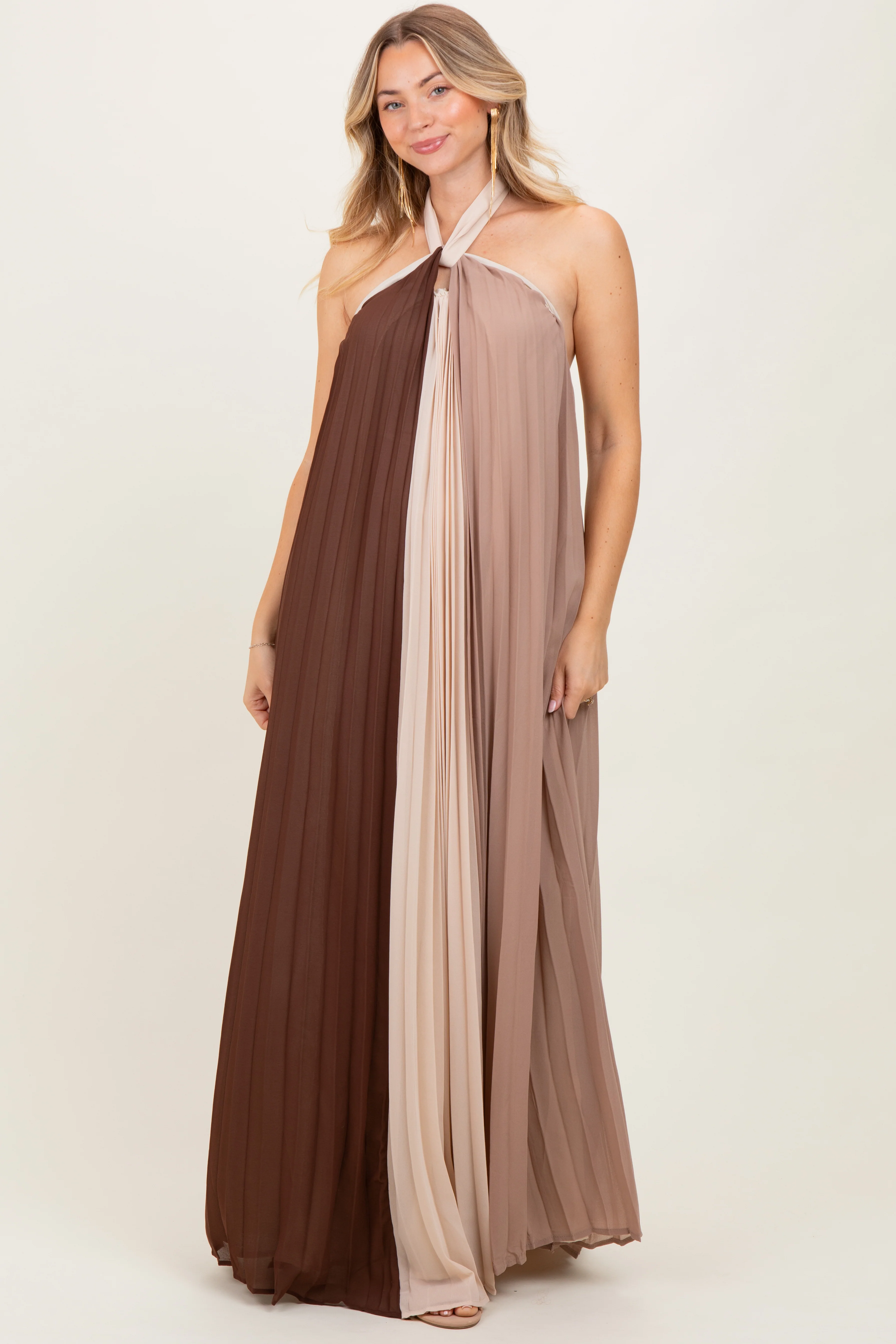 Brown Colorblock Pleated Halter Neck Maternity Maxi Dress - Image 5