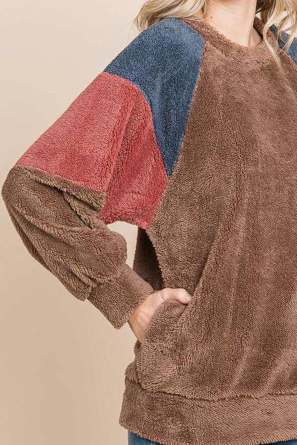 Brown Colorblock Soft Fleece Pullover Sweater - Image 4