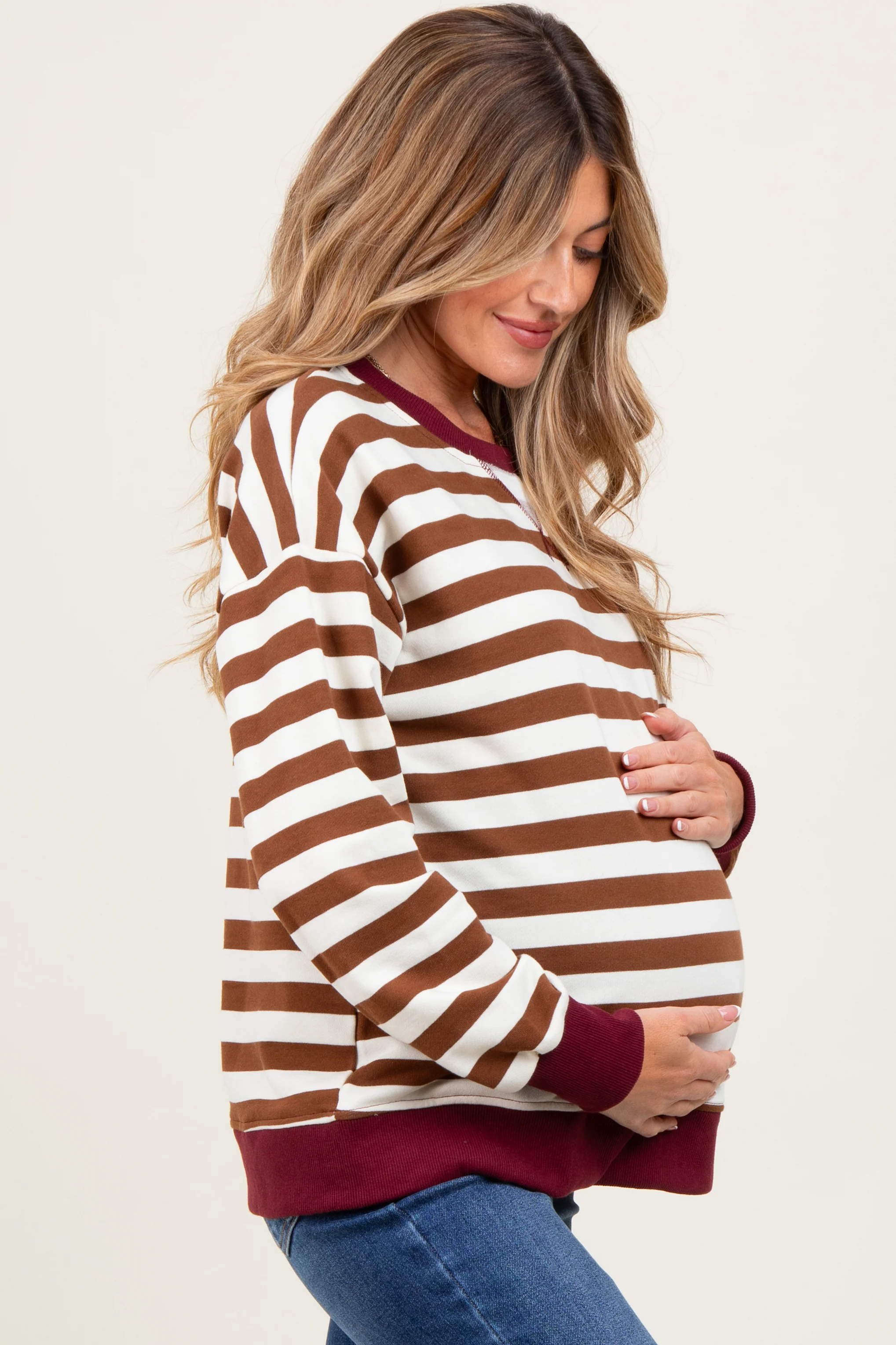 Brown Contrast Stripe Oversized Maternity Sweatshirt - Image 3
