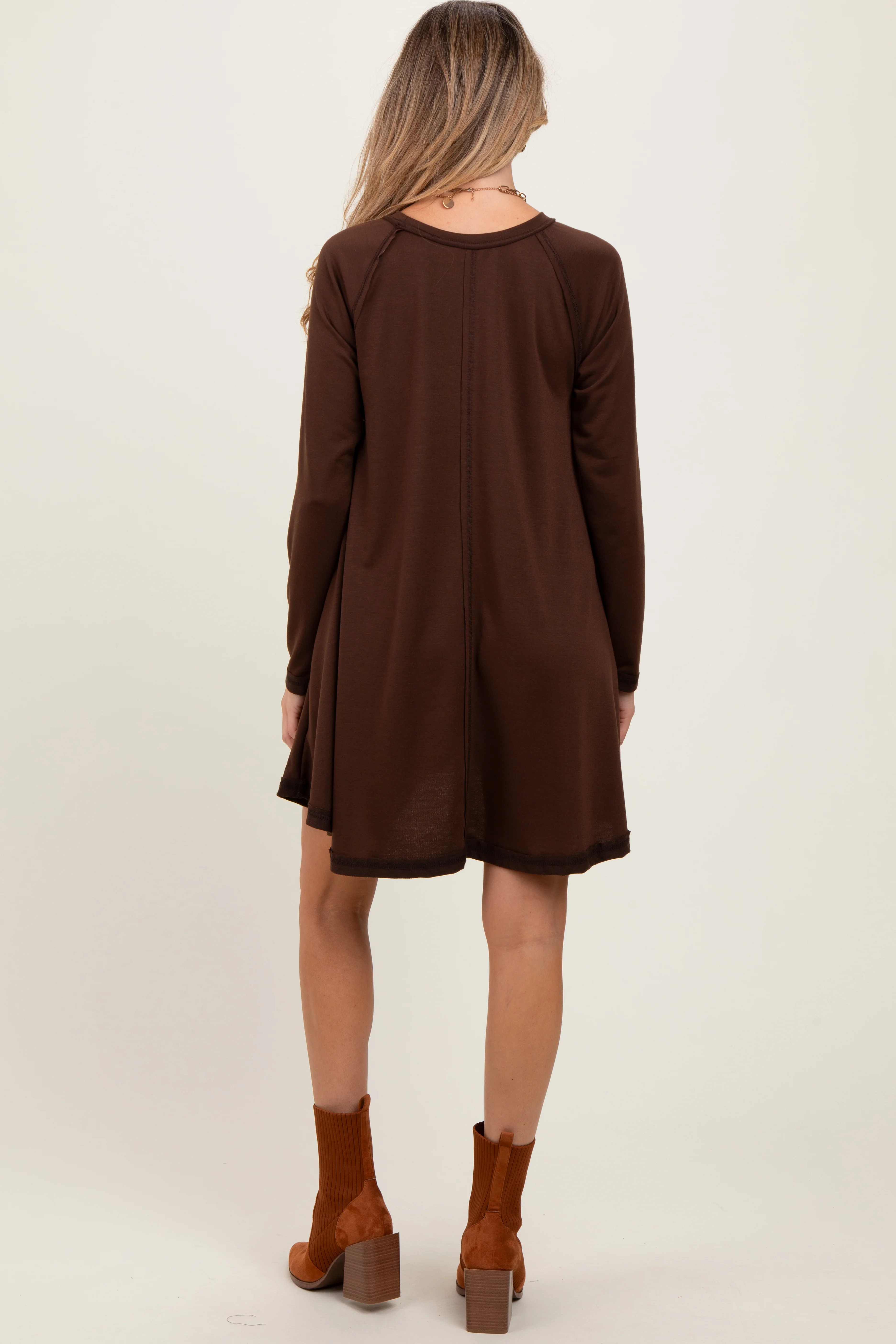 Brown Crew Neck Flared Fit Long Sleeve Maternity Mini Dress - Image 3