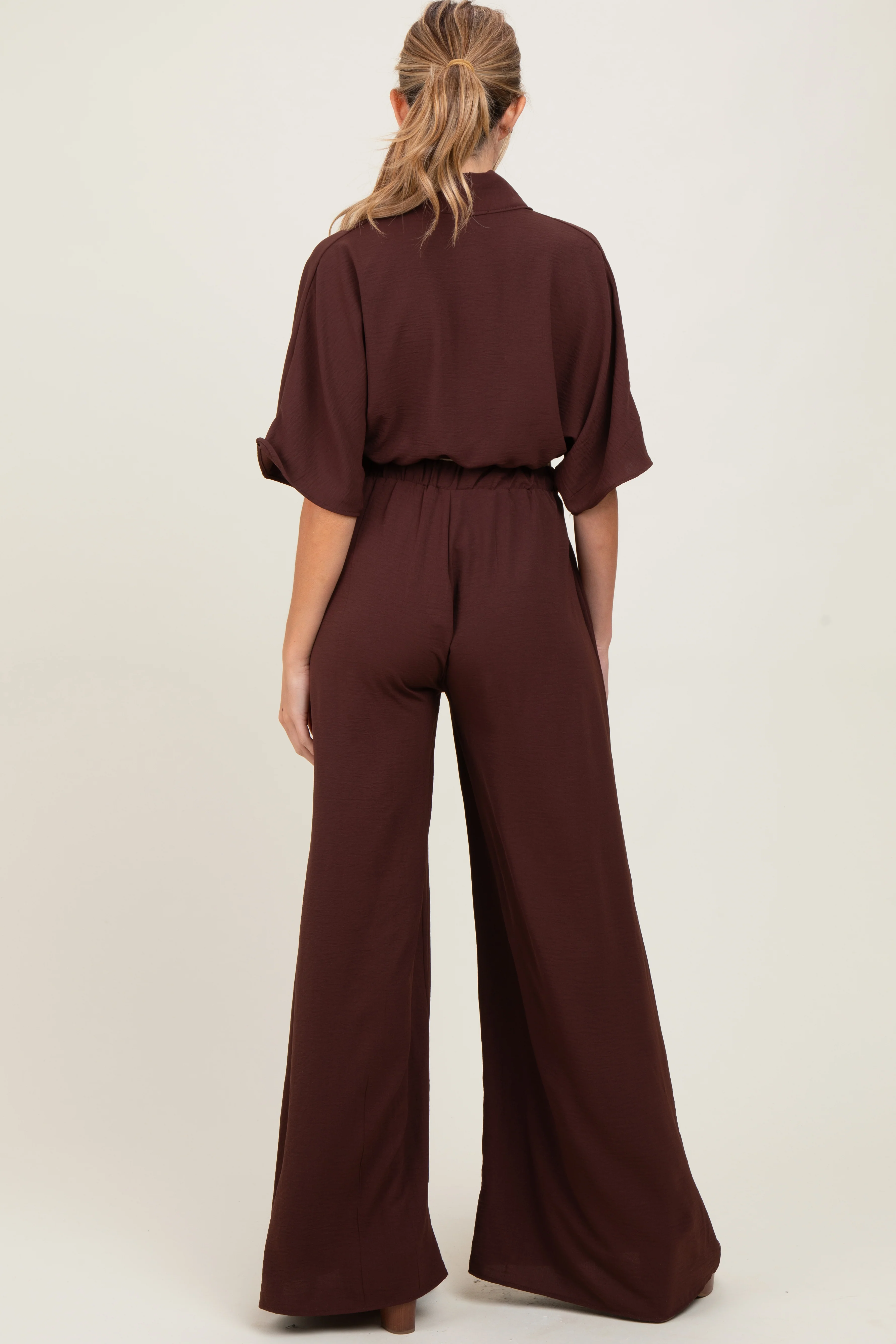 Brown Crop Blouse Wide Leg Pant Maternity Set - Image 3