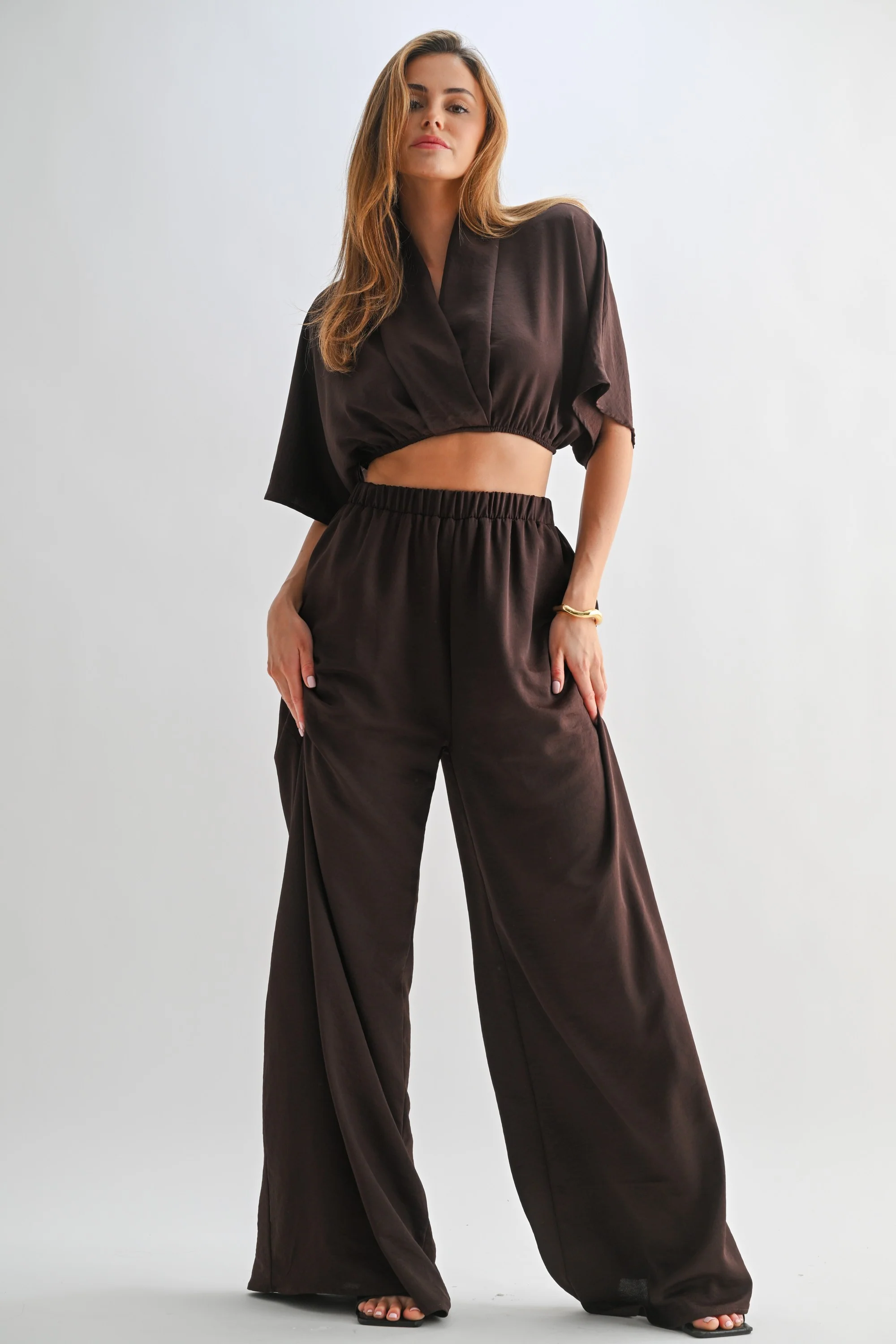 Brown Crop Blouse Wide Leg Pant Maternity Set - Image 4