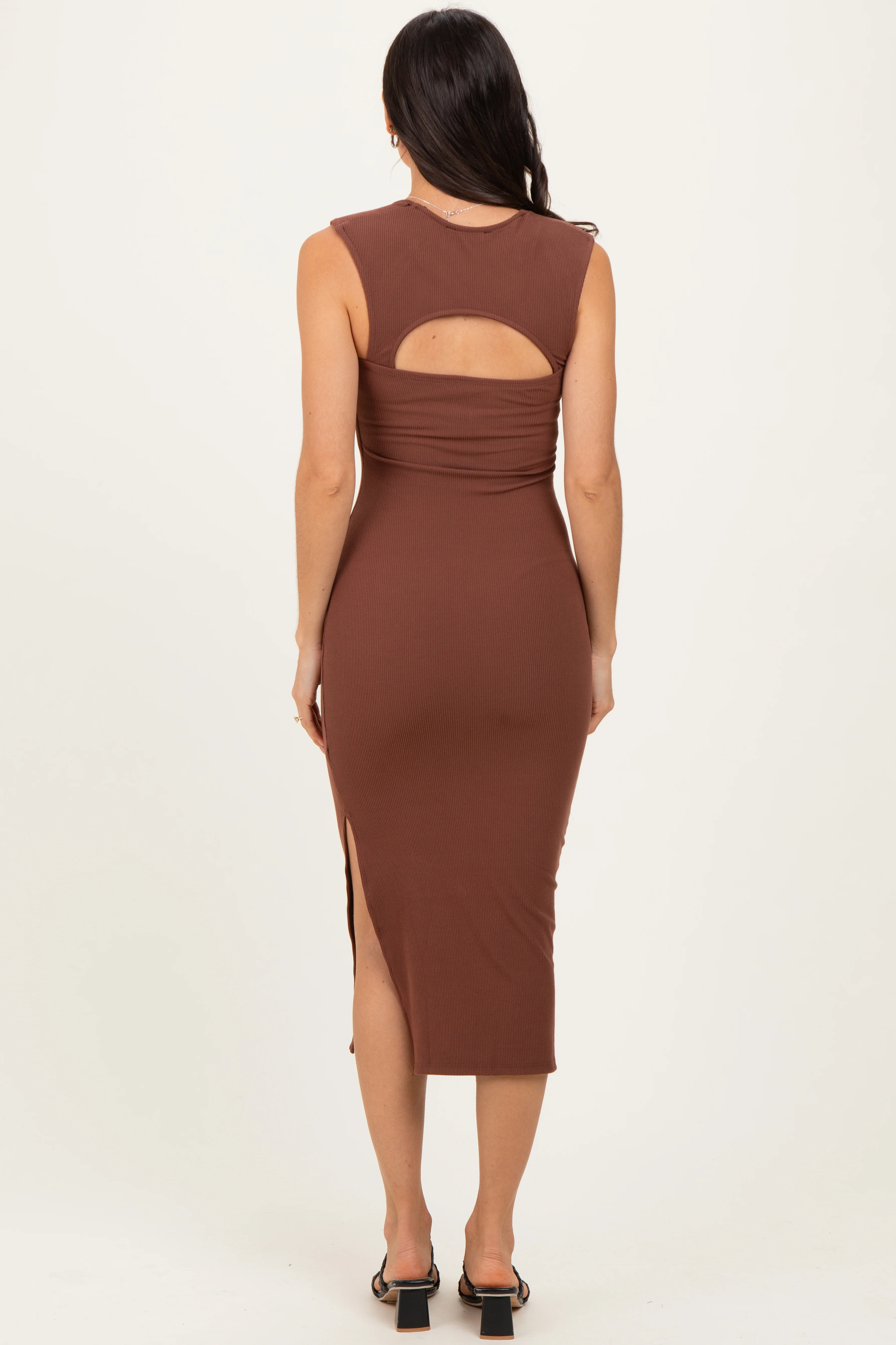 Brown Cutout Fitted Midi Dress - Image 4