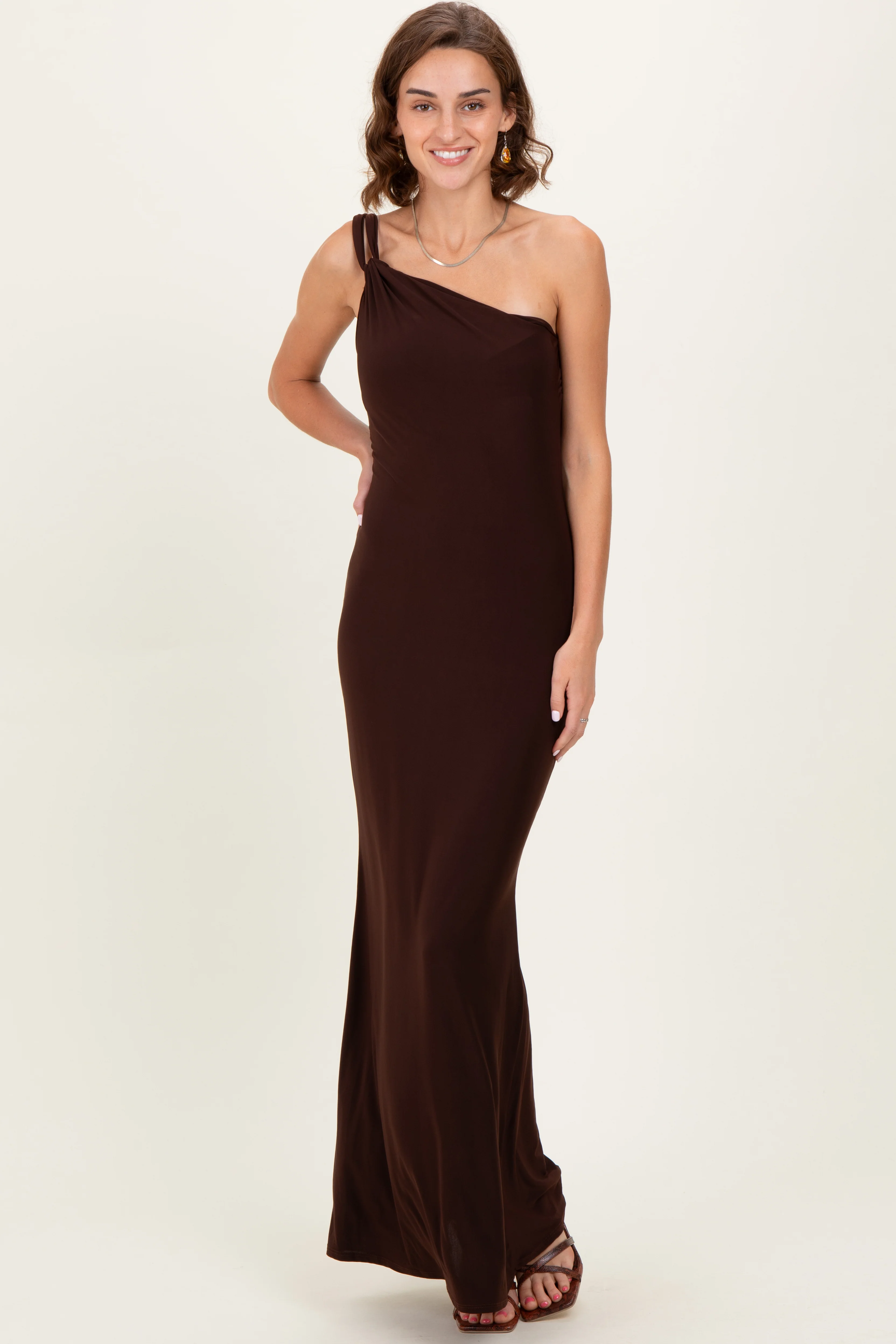 Brown Double Strap One Shoulder Maxi Dress - Image 2