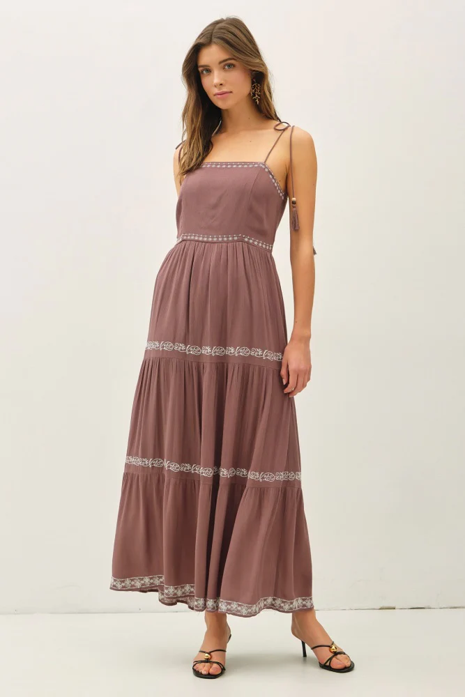 Brown Embroidered Tiered Maternity Maxi Dress - Image 3