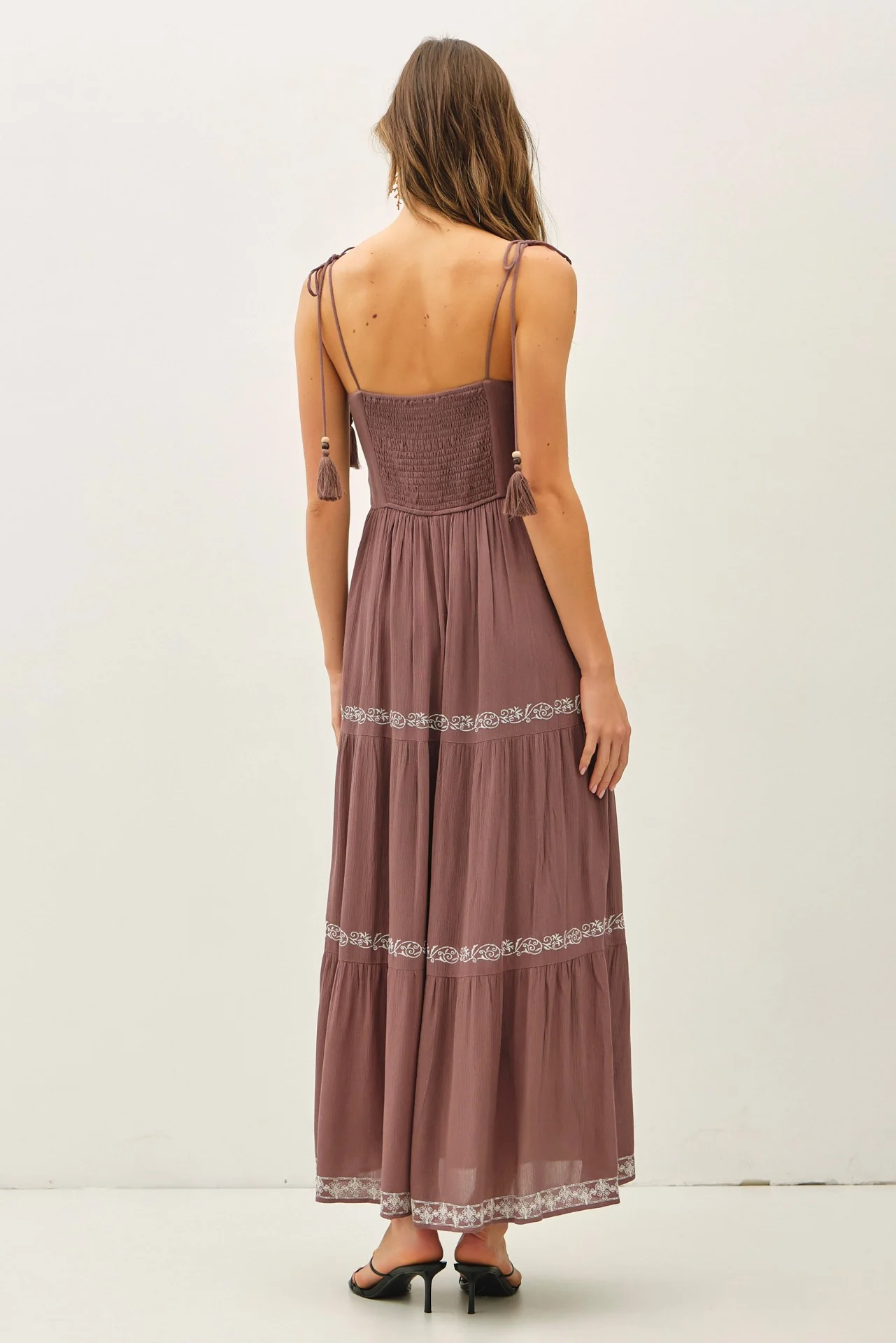 Brown Embroidered Tiered Maxi Dress - Image 3