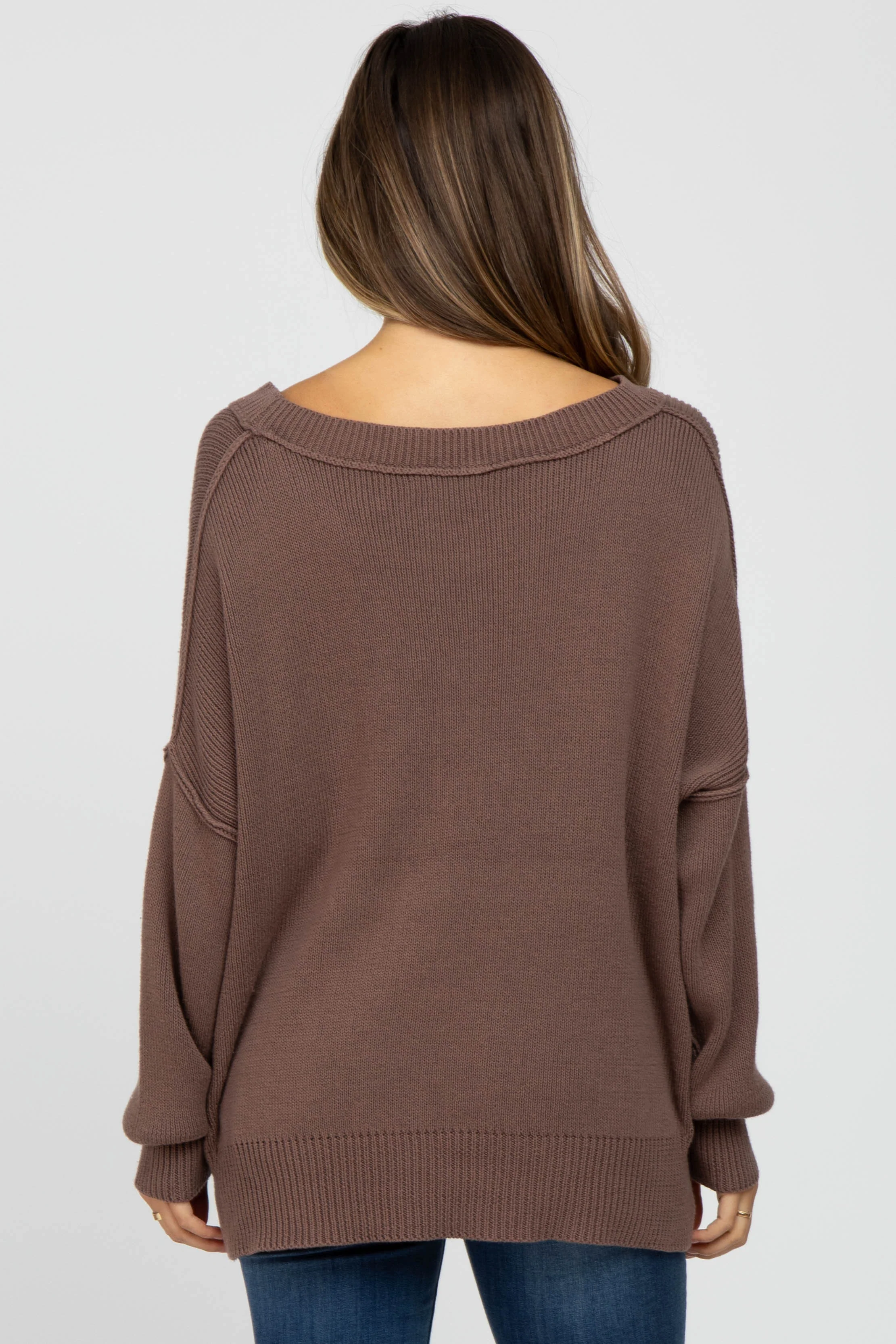 Brown Exposed Seam Side Slit Maternity Sweater - Image 3