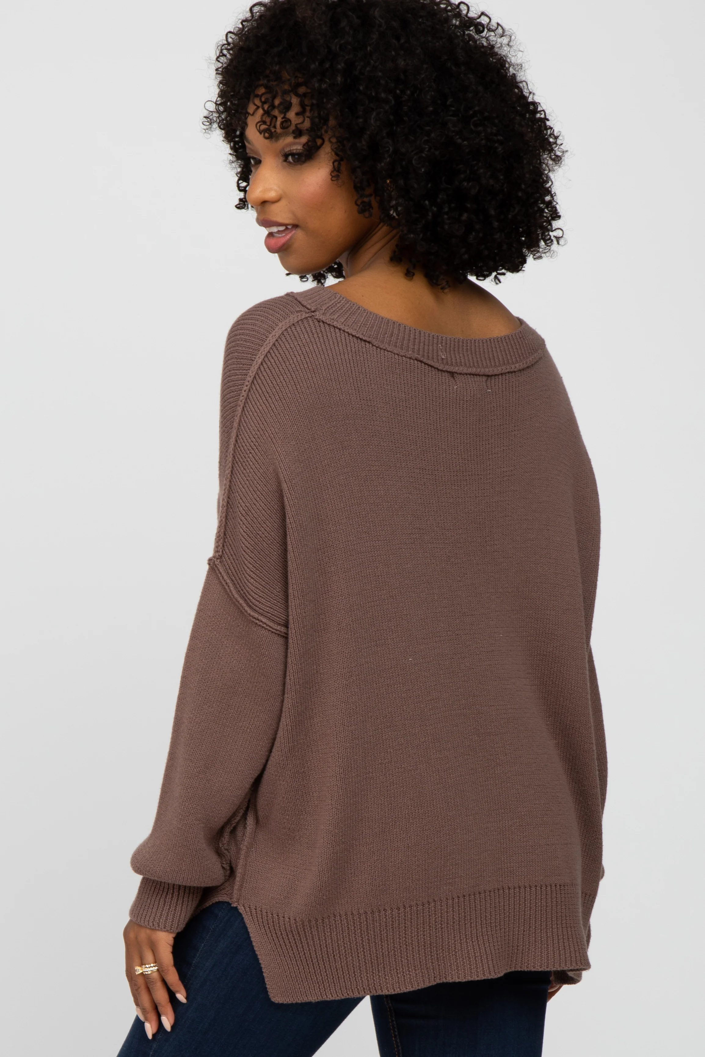 Brown Exposed Seam Side Slit Sweater - Image 3