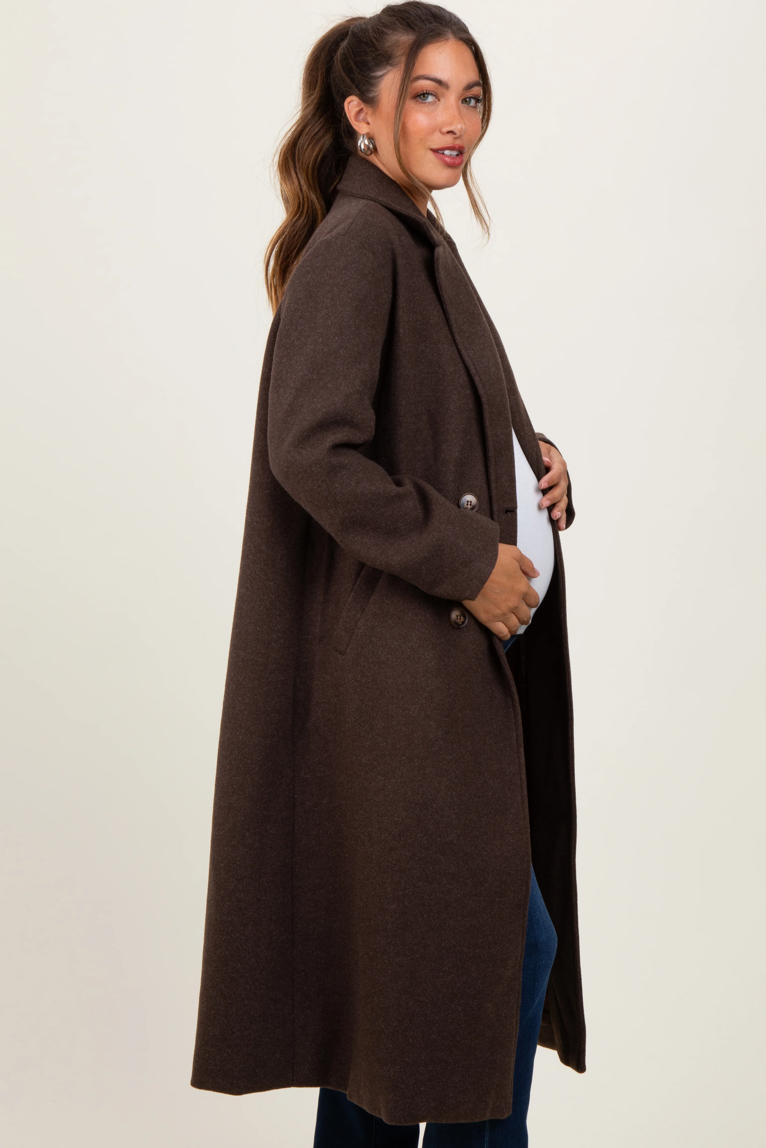 Brown Felted Double Breasted Lapel Maternity Button Coat - Image 4