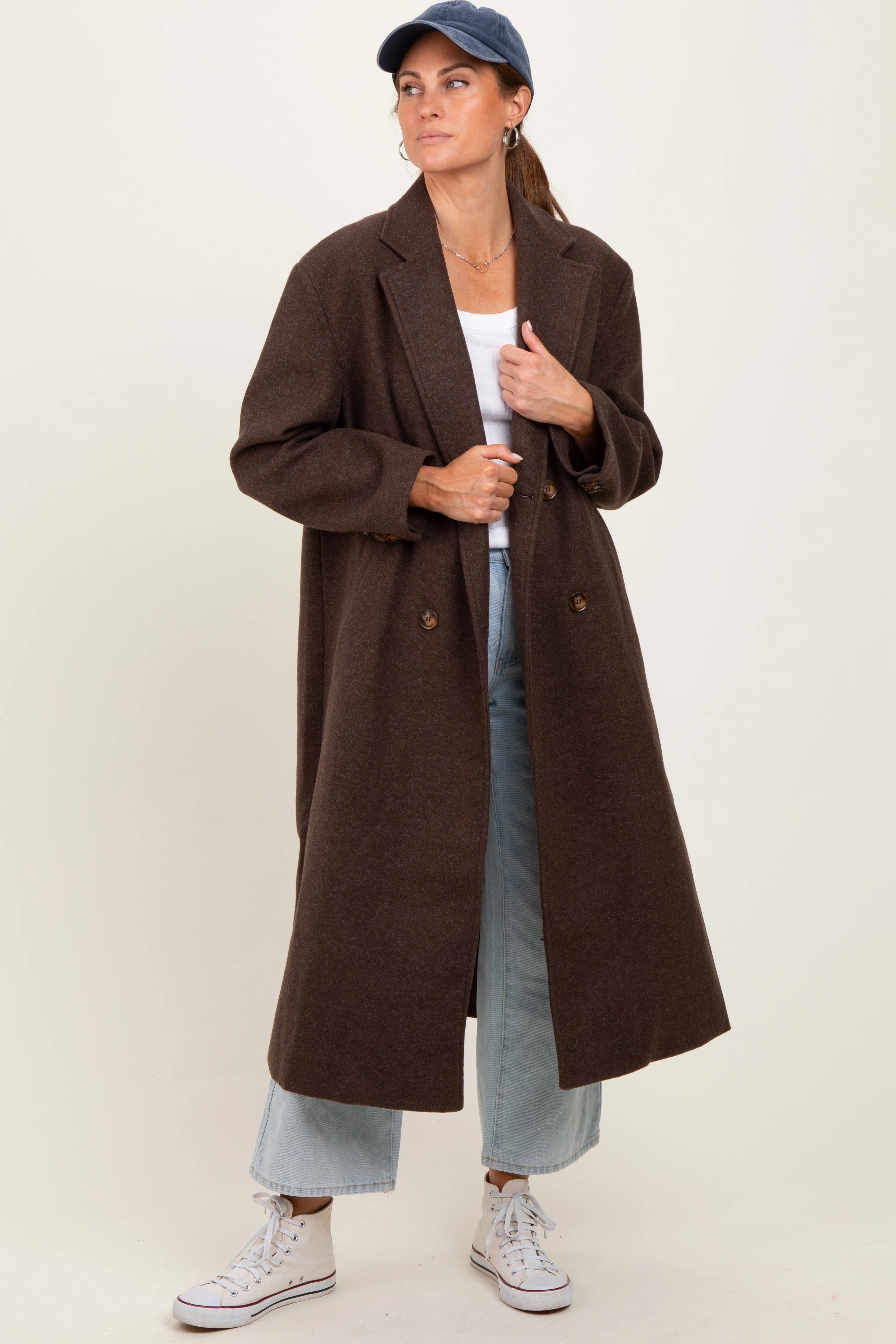 Brown Felted Double Breasted Lapel Maternity Button Coat - Image 7