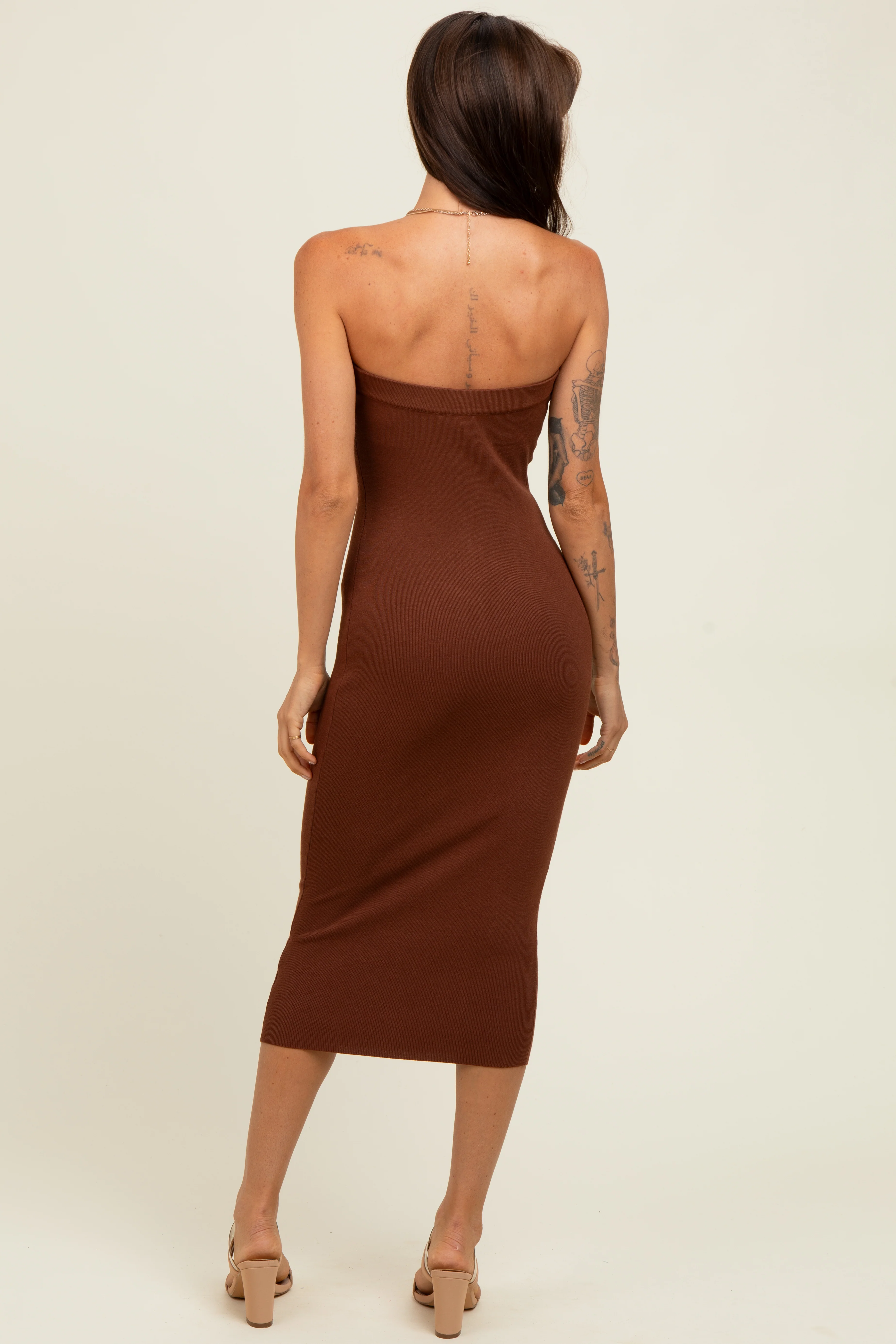 Brown Fitted Tube Knit Midi Dress - Image 4