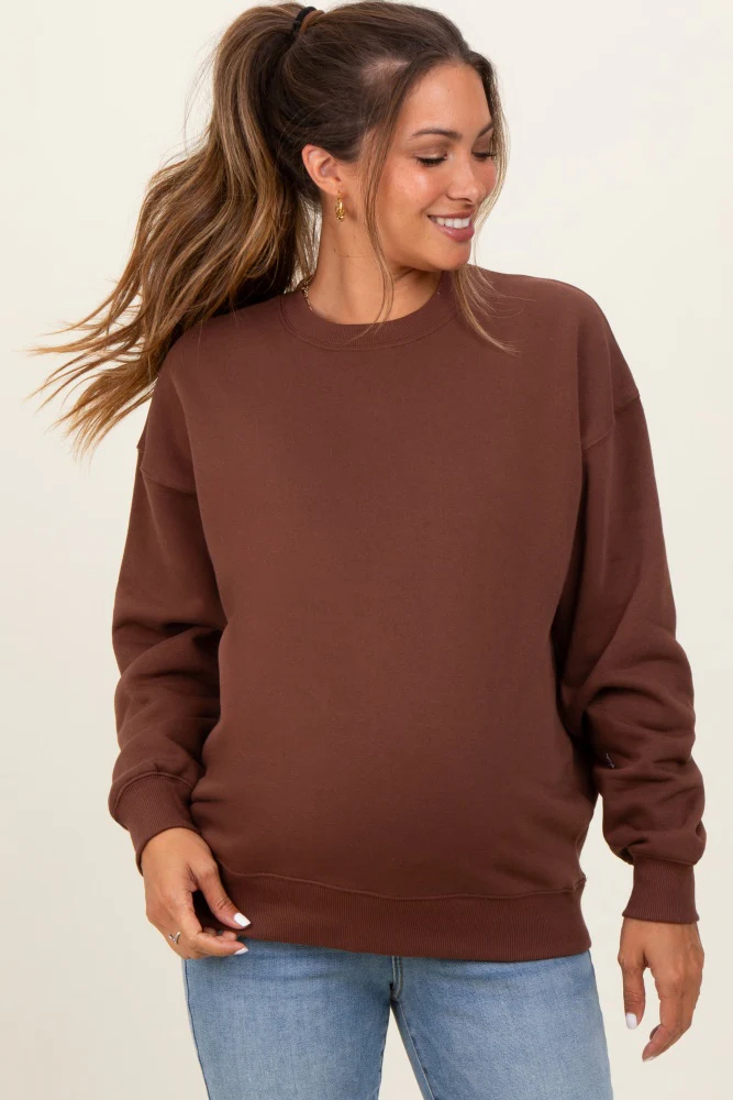Brown Fleece Crew Neck Relaxed Fit Maternity Sweatshirt - Image 2